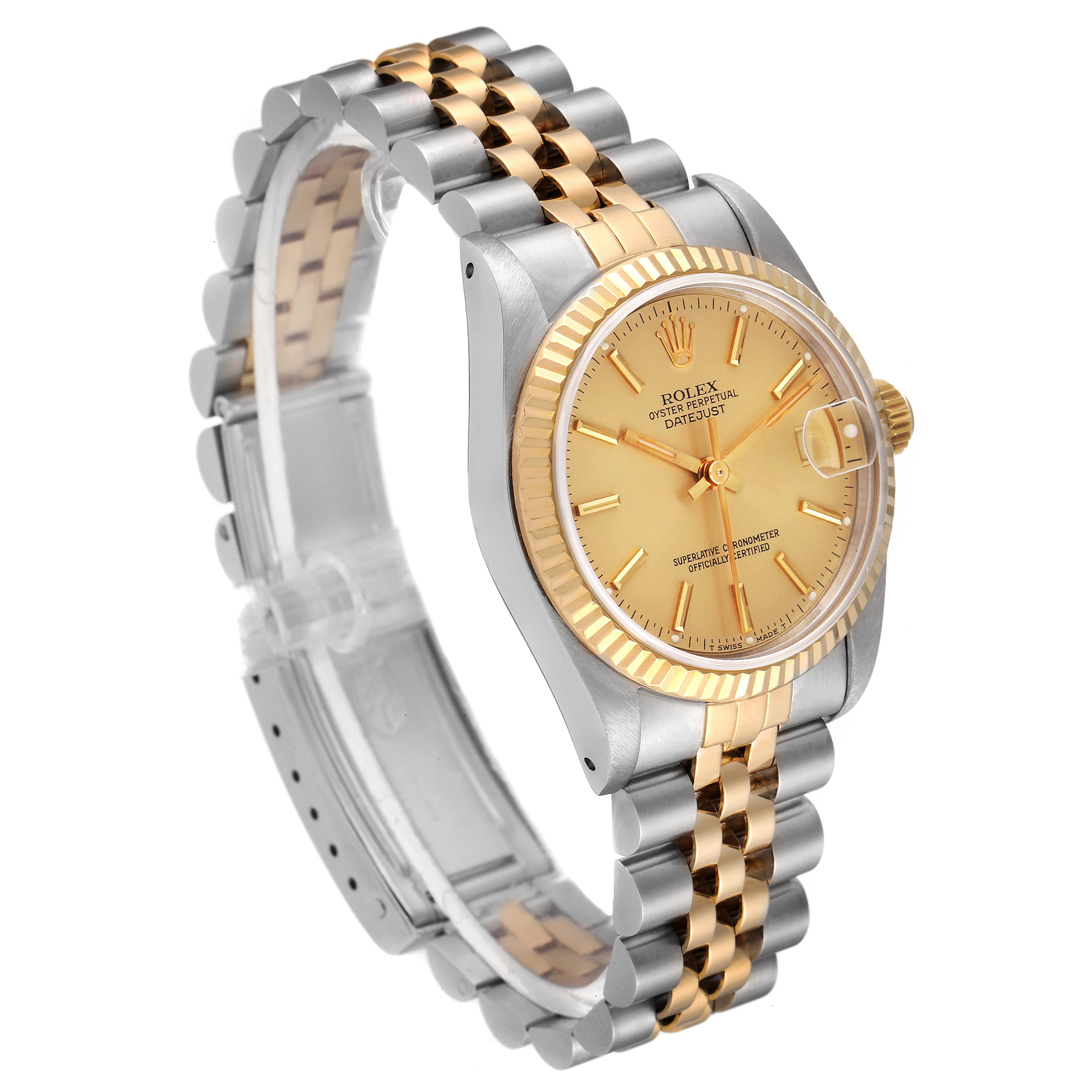 The image shows a Rolex Mid-Size 68273 Women's Steel and Gold (two tone) Champagne Dial 68273 Women's Steel and Gold (two tone) Champagne Dial Datejust watch at a three-quarter angle, highlighting the dial, bezel, and two-tone bracelet.