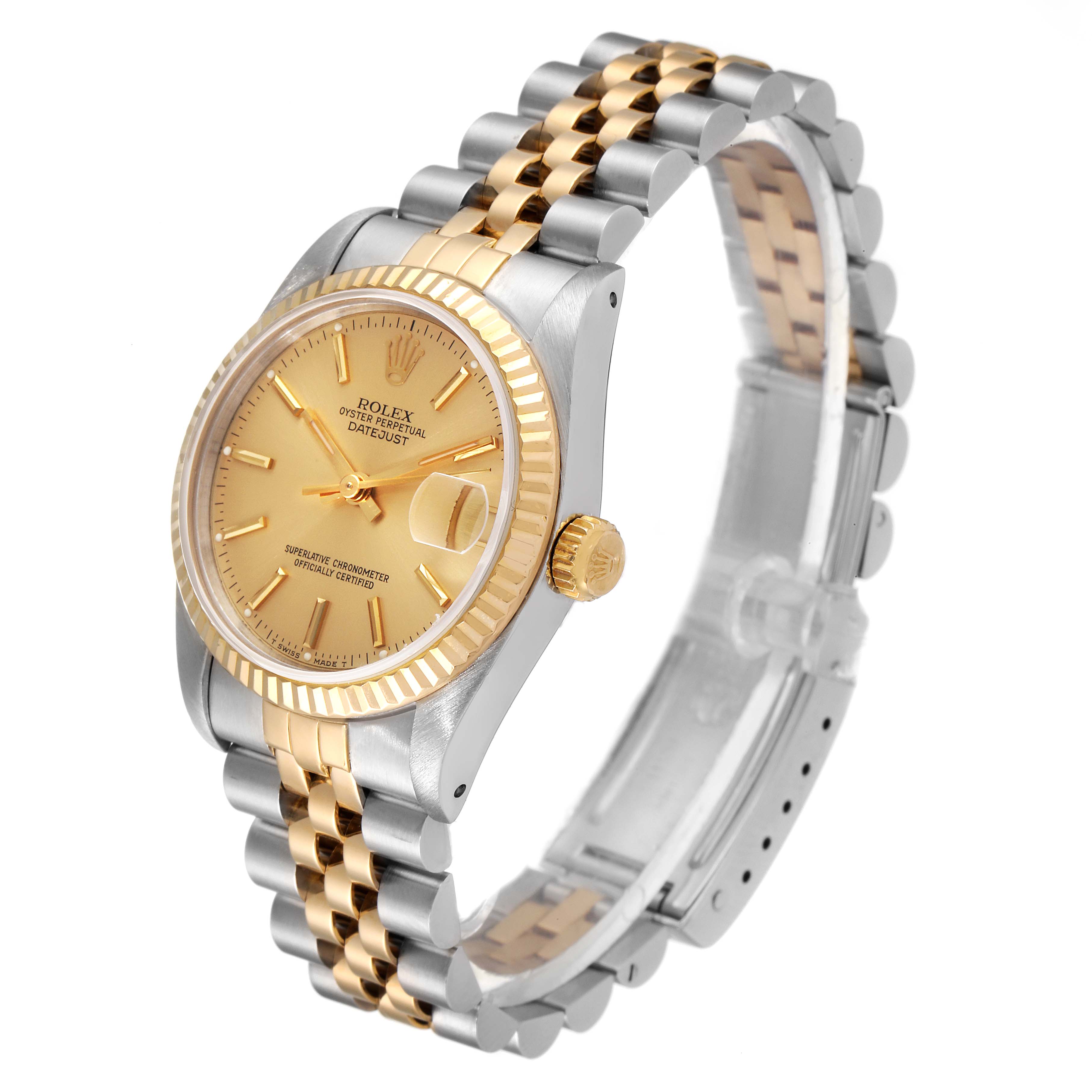 The mid-size Rolex watch is shown at a slight angle displaying the face, two-tone strap, and side profile.