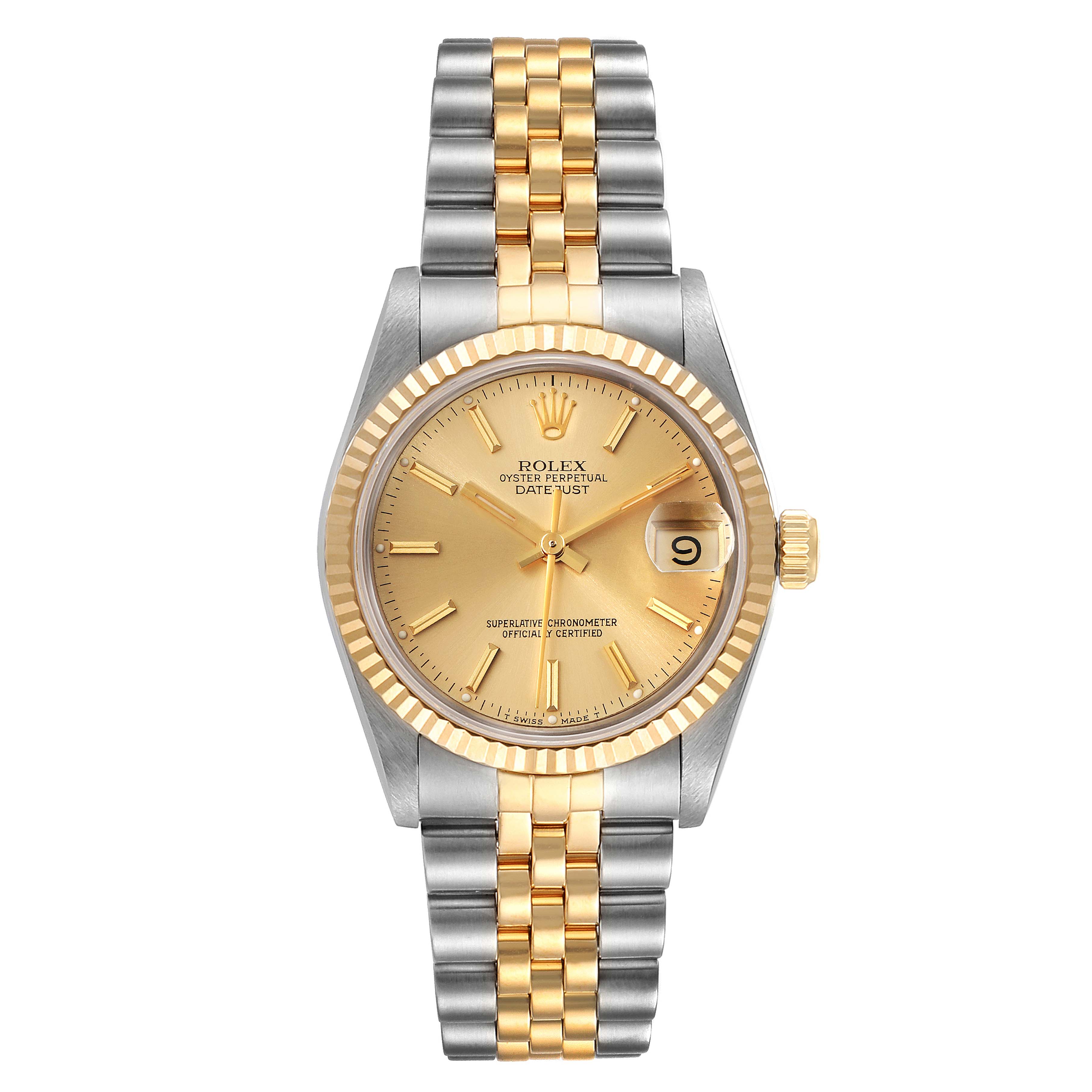 This image shows a front view of the Rolex Datejust Mid-Size model, featuring a two-tone gold and silver bracelet and a gold dial.