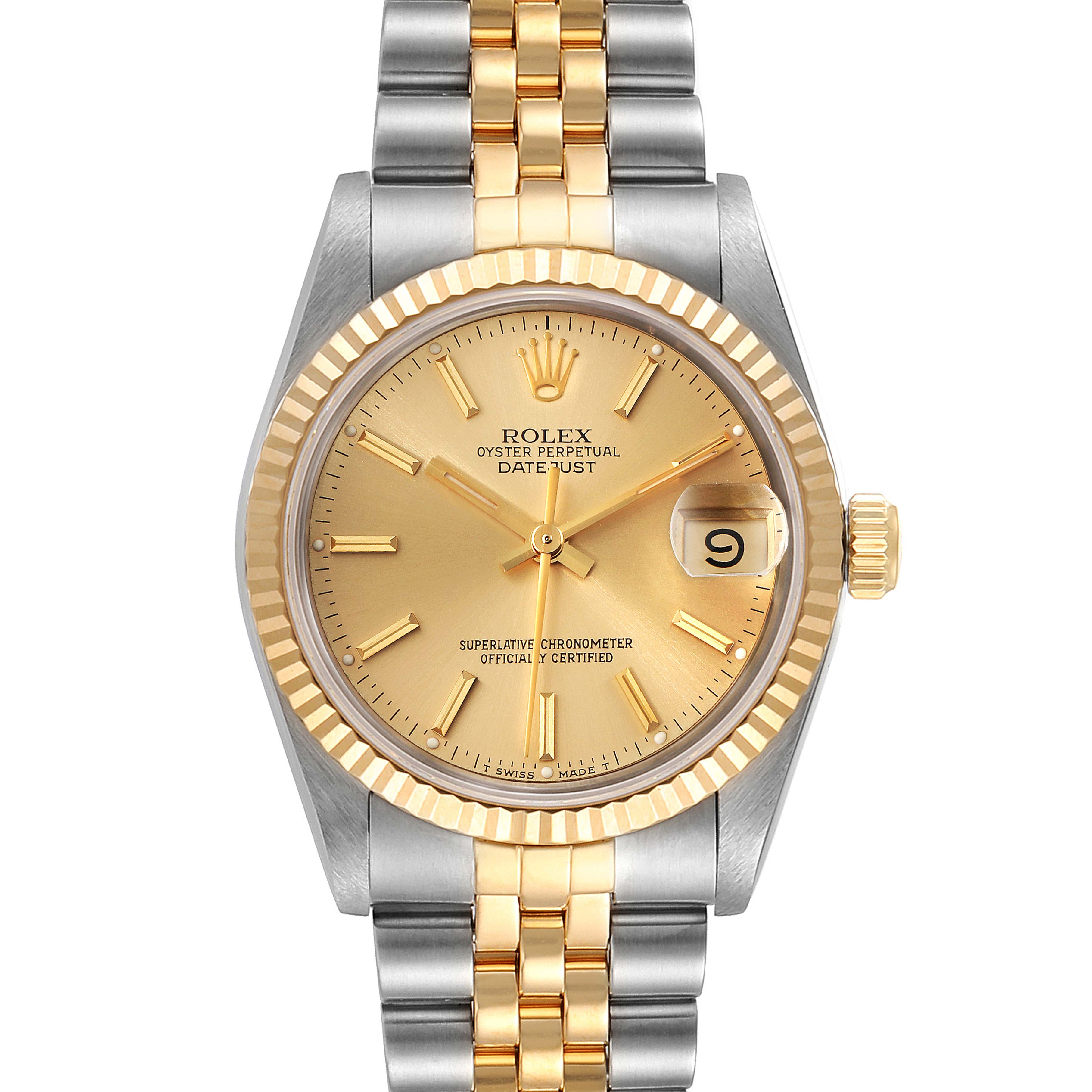 The image shows a front view of a Rolex Mid-Size 68273 Women's Steel and Gold (two tone) Champagne Dial 68273 Women's Steel and Gold (two tone) Champagne Dial Oyster Perpetual Datejust watch, highlighting the gold dial, fluted bezel, and two-tone bracelet.