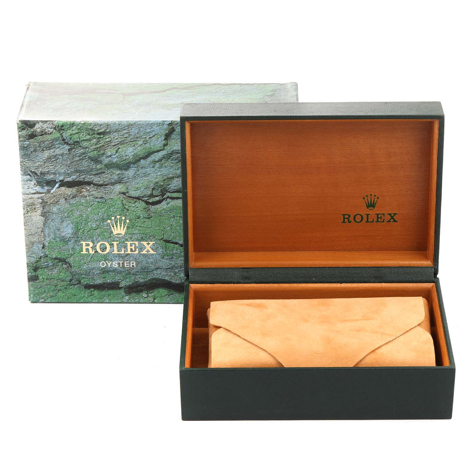 This image shows an open Rolex watch box with an outer box labeled "Rolex Oyster" and a watch pouch inside.