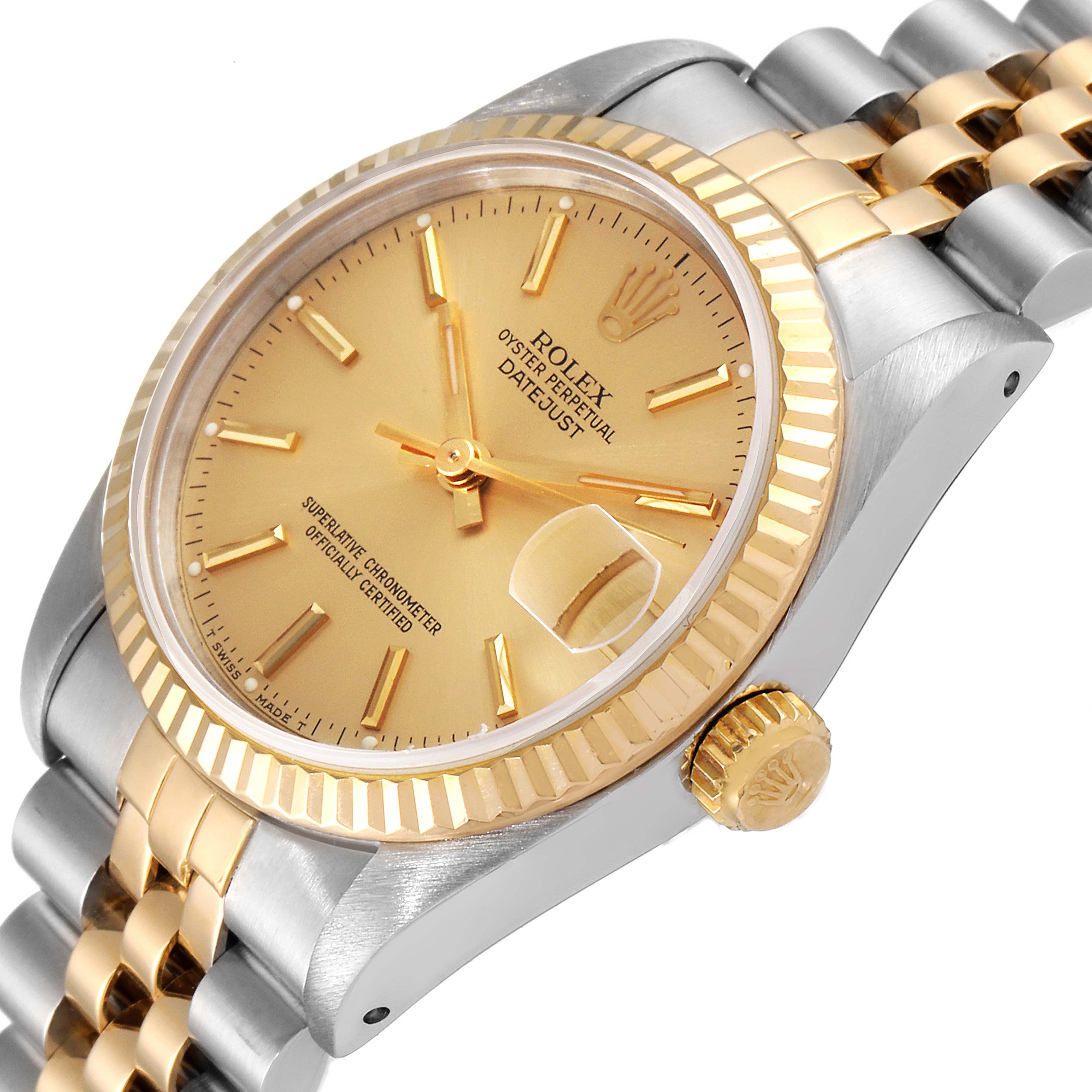 The image shows a side angle of a Rolex Oyster Perpetual Datejust Mid-Size watch, highlighting the dial, bezel, crown, and bracelet.