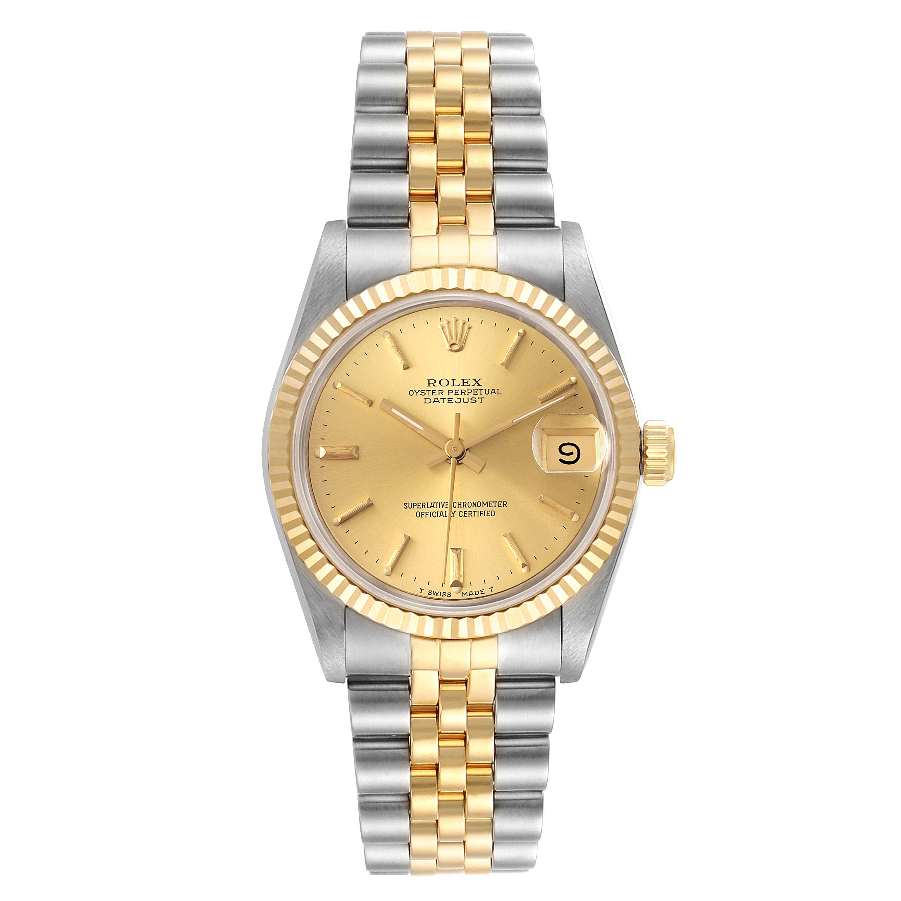 The Rolex Mid-Size 68273 Women
s Steel and Gold (two tone) Champagne Dial 68273 Women
s Steel and Gold (two tone) Champagne Dial Datejust watch is shown from a top-down angle, displaying its dial, bezel, and bi-color bracelet.