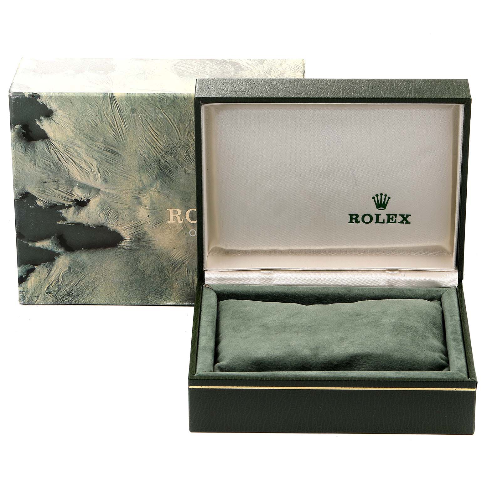 The image shows an empty green Rolex box and matching outer packaging for a Mid-Size model.