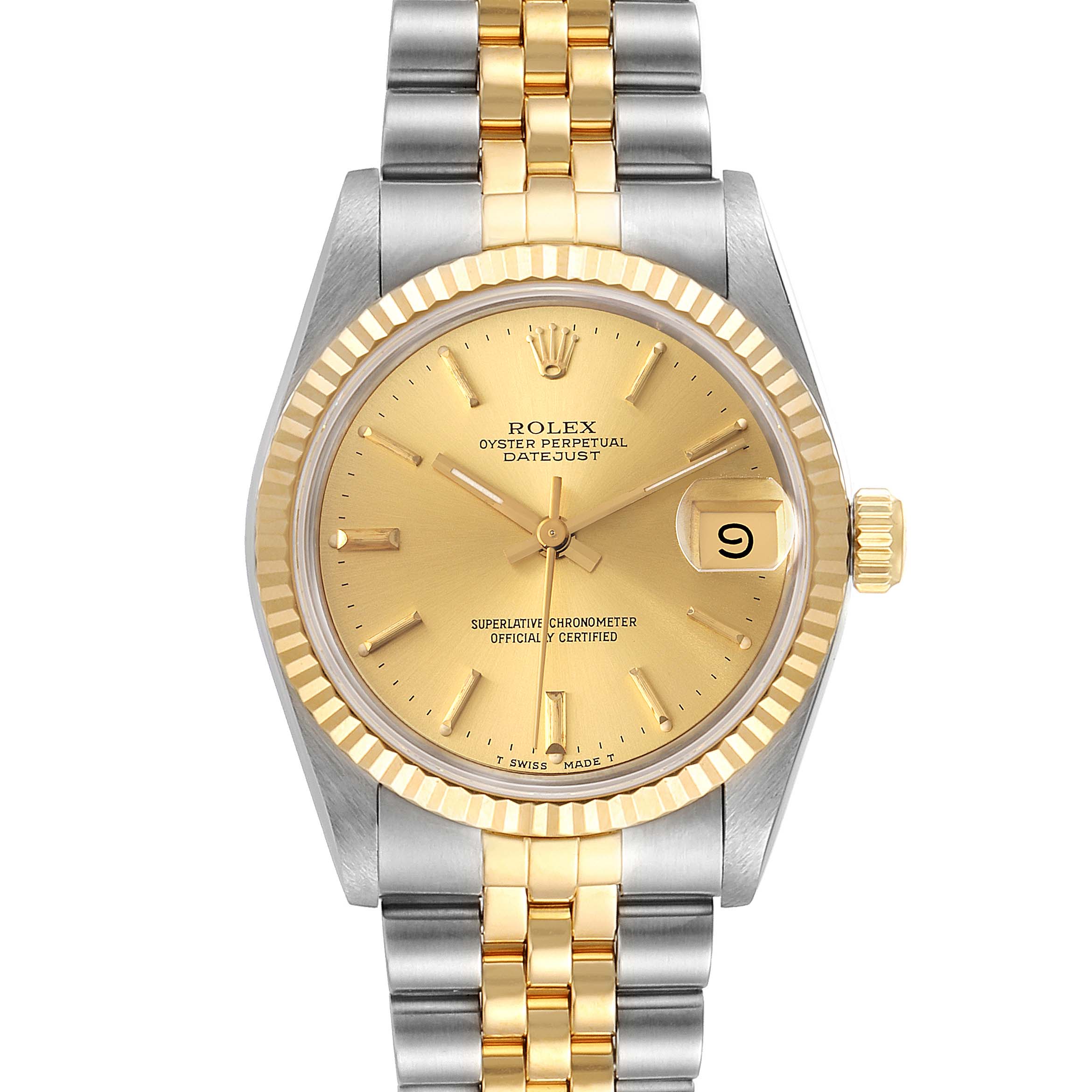 This image shows a front view of a gold and silver Rolex Mid-Size 68273 Women
s Steel and Gold (two tone) Champagne Dial 68273 Women
s Steel and Gold (two tone) Champagne Dial Oyster Perpetual Datejust watch.