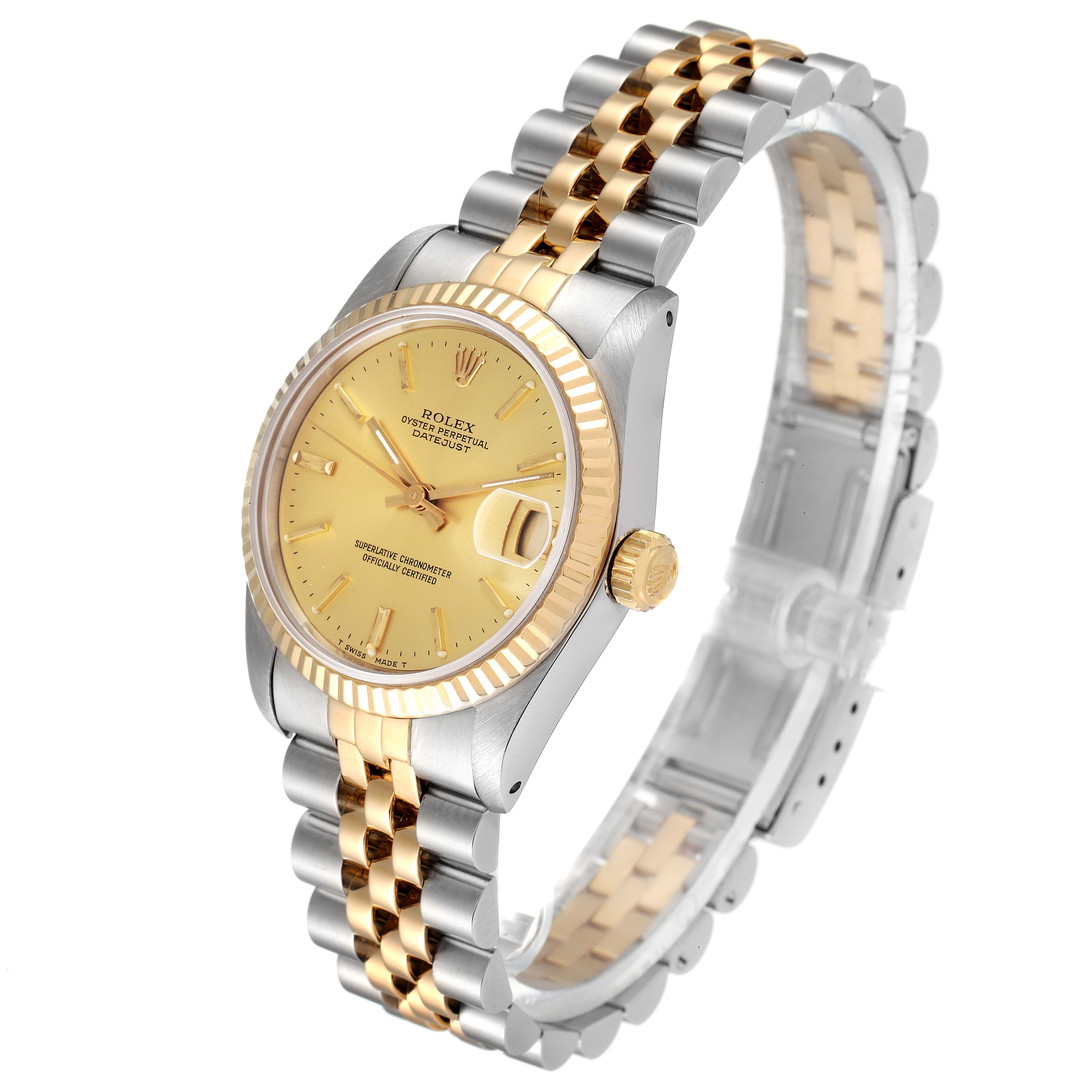 The image shows a Rolex Mid-Size 68273 Women
s Steel and Gold (two tone) Champagne Dial 68273 Women
s Steel and Gold (two tone) Champagne Dial watch, angled to display the yellow dial, bezel, crown, and two-tone bracelet.