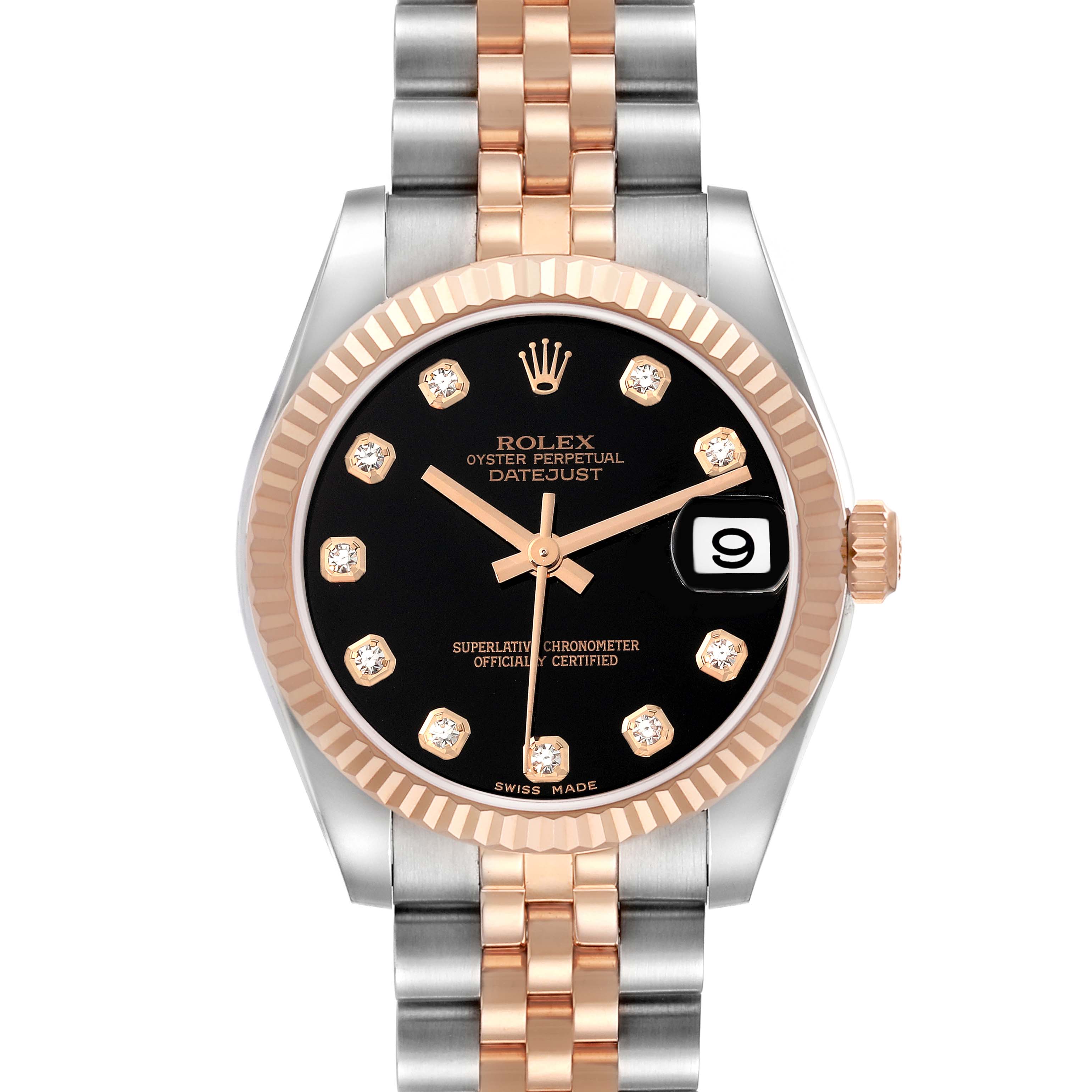 This image shows a front view of a Rolex Mid-Size 178271 Women's Steel and Gold (two tone) Black Dial 178271 Women's Steel and Gold (two tone) Black Dial Datejust watch, highlighting its dial, bezel, hands, and bracelet.