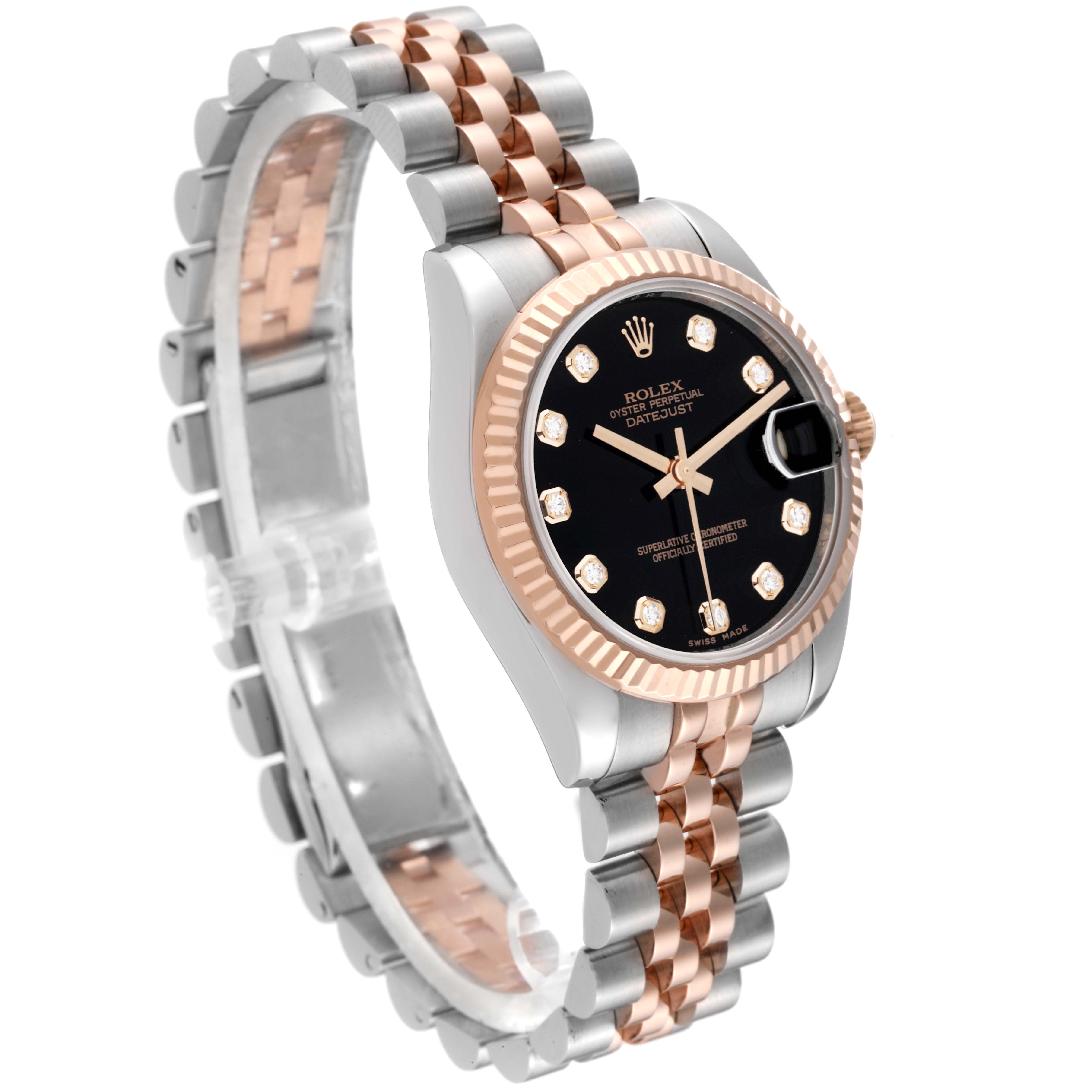 This image shows the mid-size Rolex Datejust from a three-quarter angle, highlighting the black dial, fluted bezel, and two-tone bracelet.