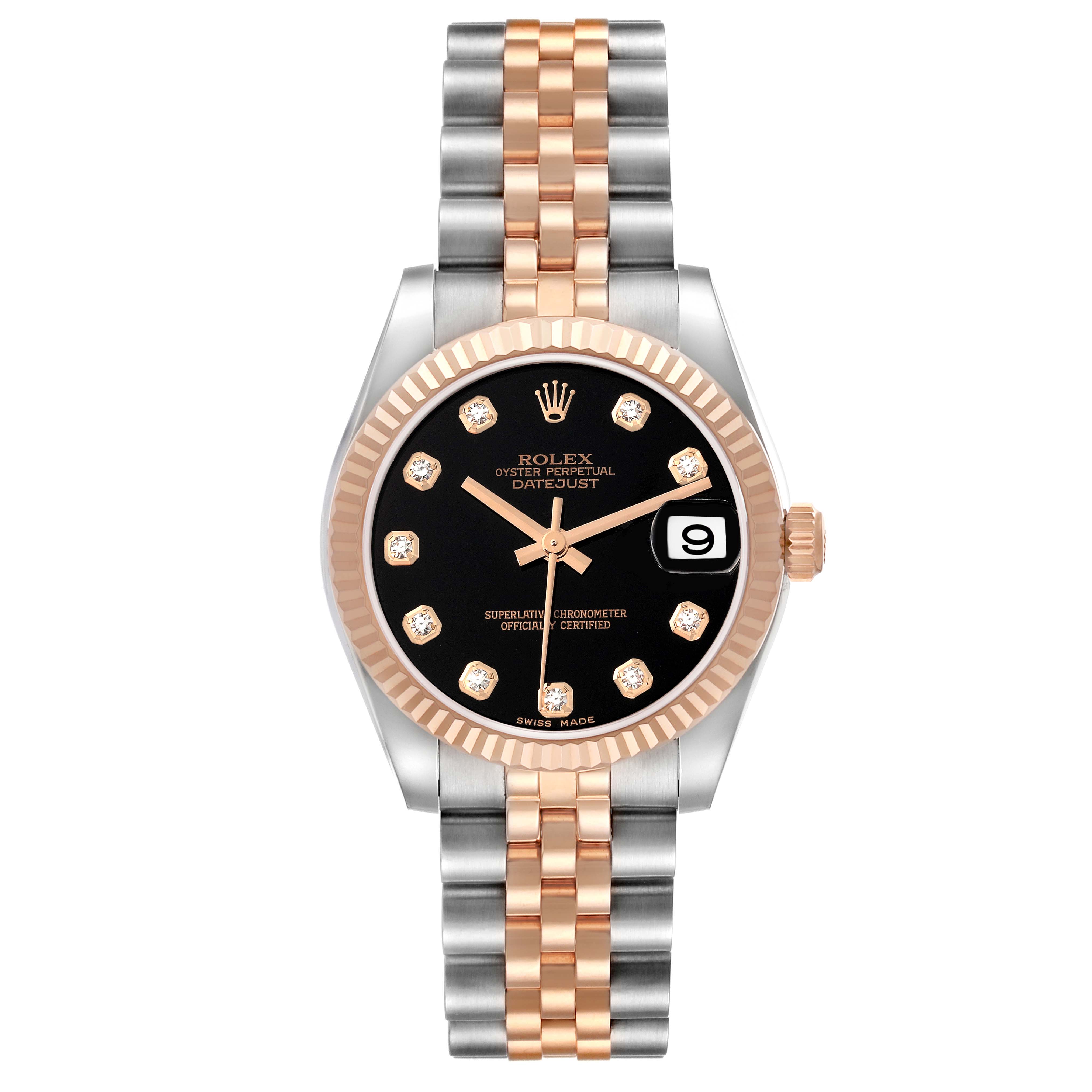 The image shows a front view of a Rolex Mid-Size 178271 Women's Steel and Gold (two tone) Black Dial 178271 Women's Steel and Gold (two tone) Black Dial Oyster Perpetual Datejust featuring a two-tone bracelet and black dial with diamond markers.