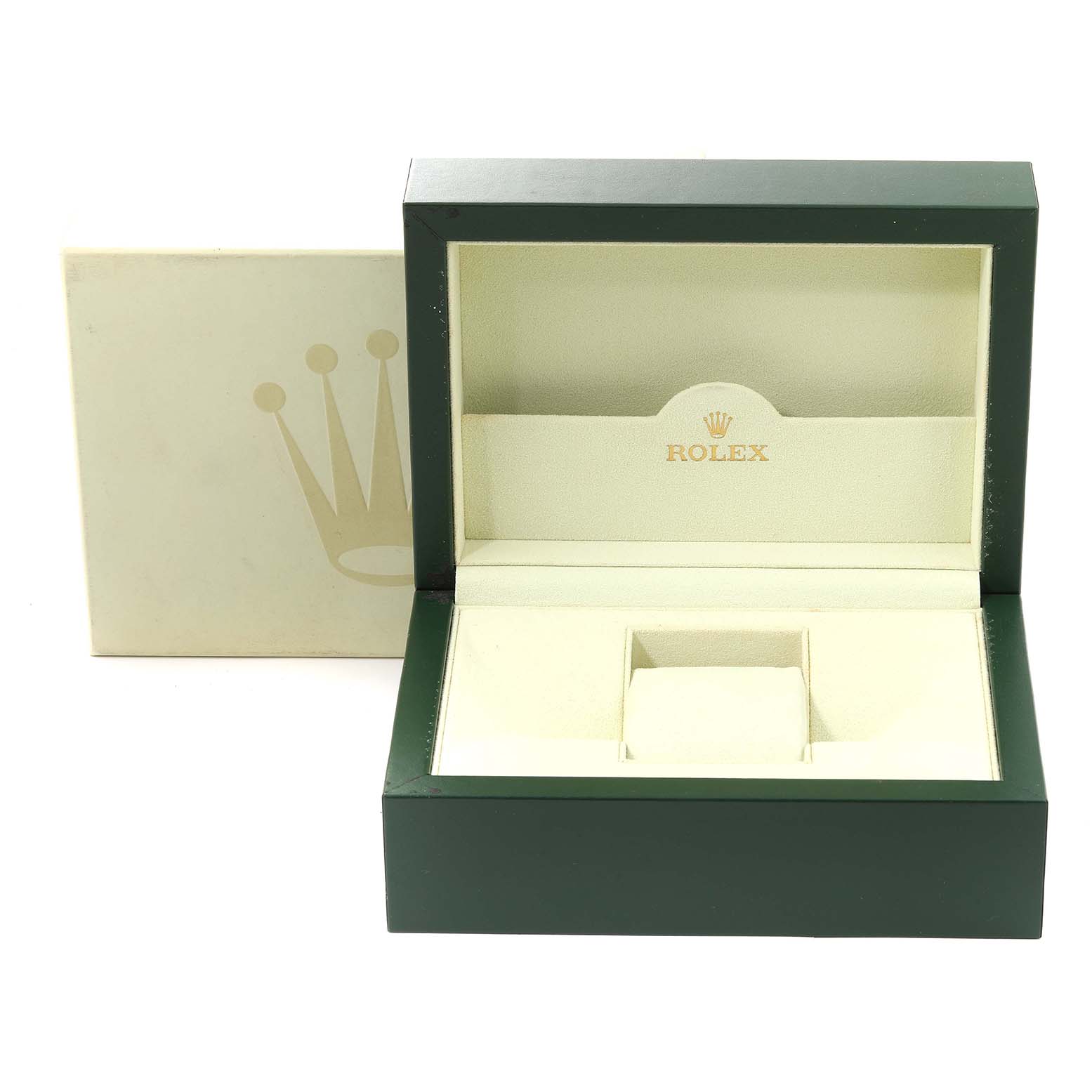 The image shows an open empty Rolex Mid-Size 178271 Women's Steel and Gold (two tone) Black Dial 178271 Women's Steel and Gold (two tone) Black Dial watch box, featuring green and beige colors with the Rolex logo on the inside lid.