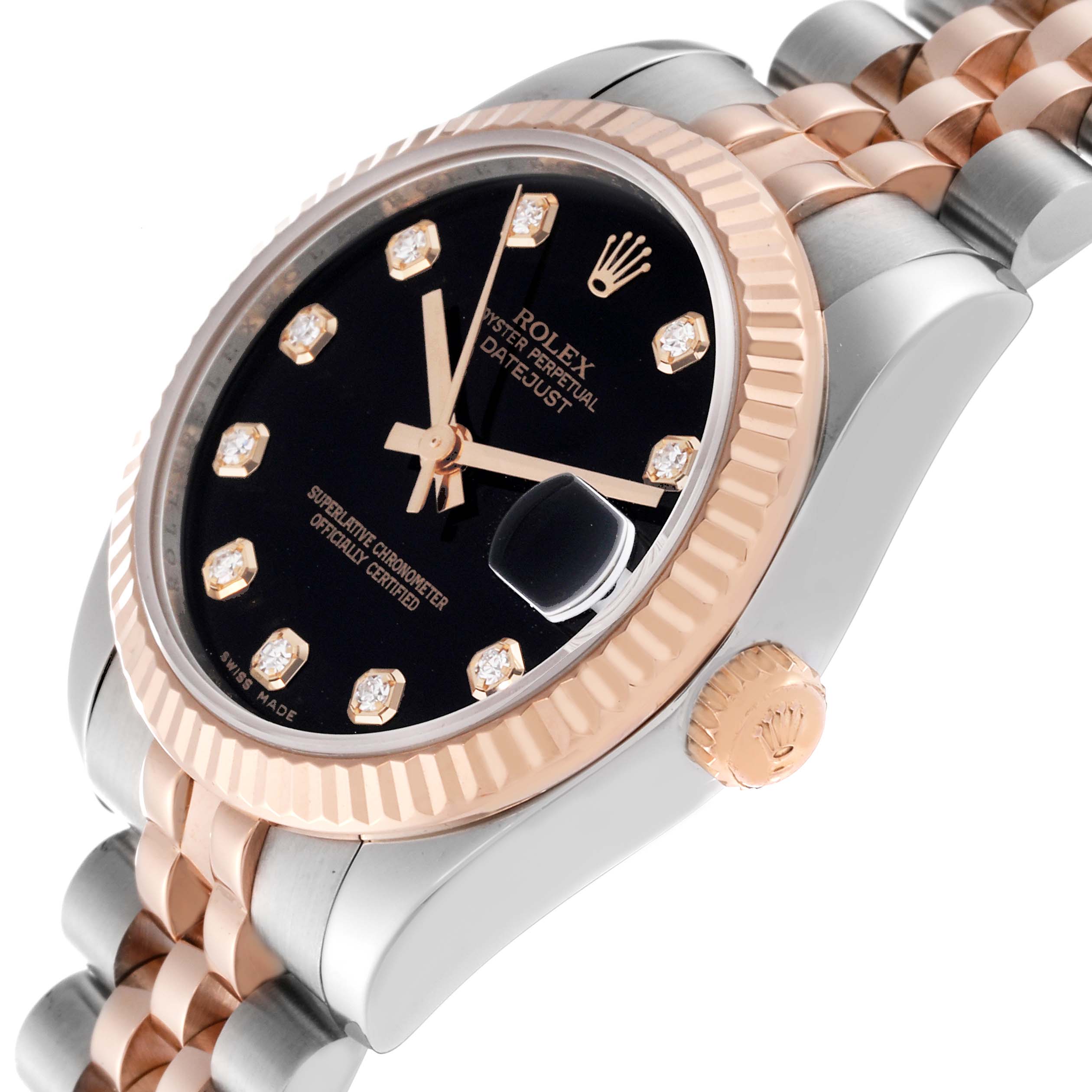 This image shows a close-up, angled view of a Rolex Datejust Mid-Size watch, highlighting the bezel, crown, dial, and bracelet.