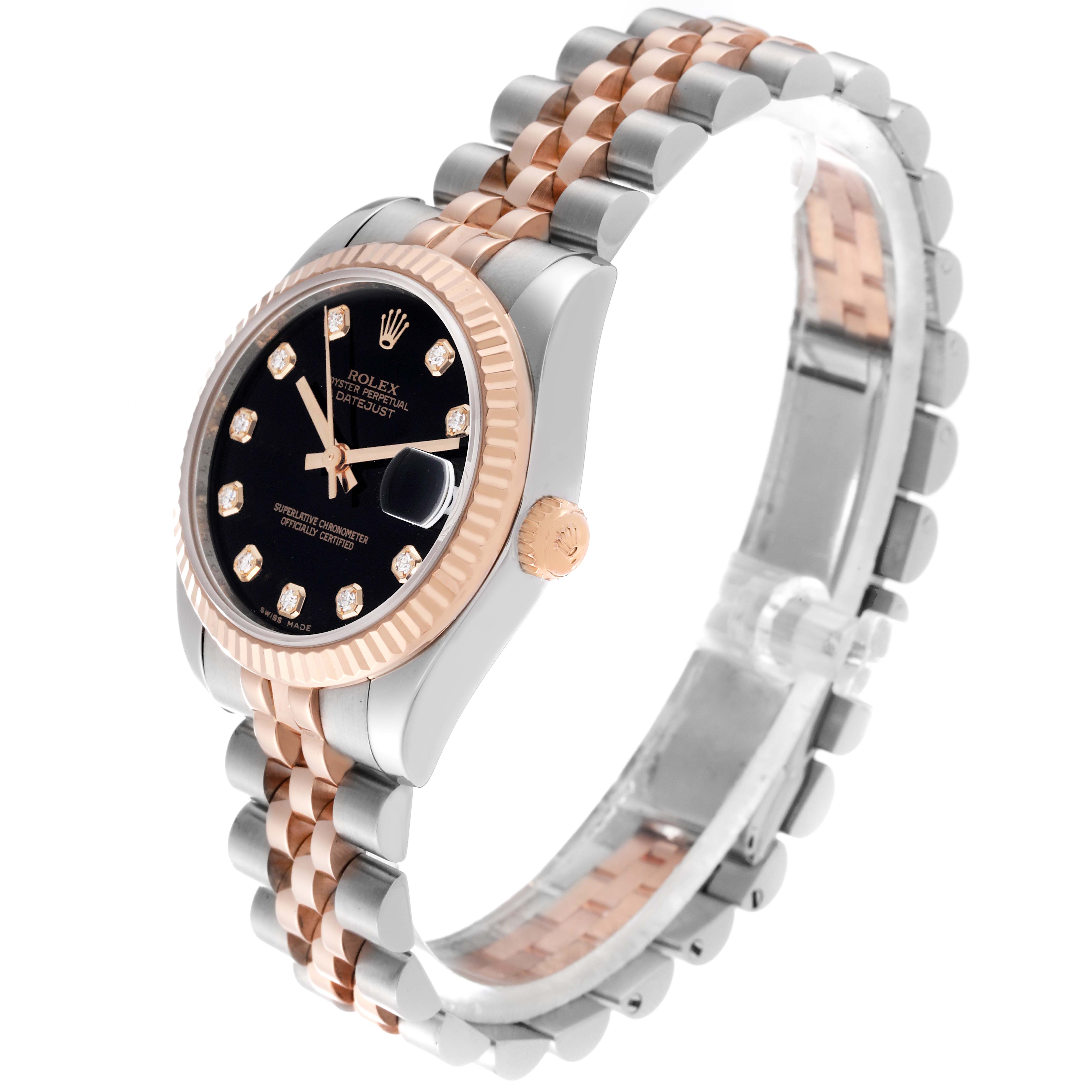 This image shows a side angle of a Rolex Mid-Size 178271 Women's Steel and Gold (two tone) Black Dial 178271 Women's Steel and Gold (two tone) Black Dial model watch, highlighting its black dial, fluted bezel, crown, and two-tone bracelet.