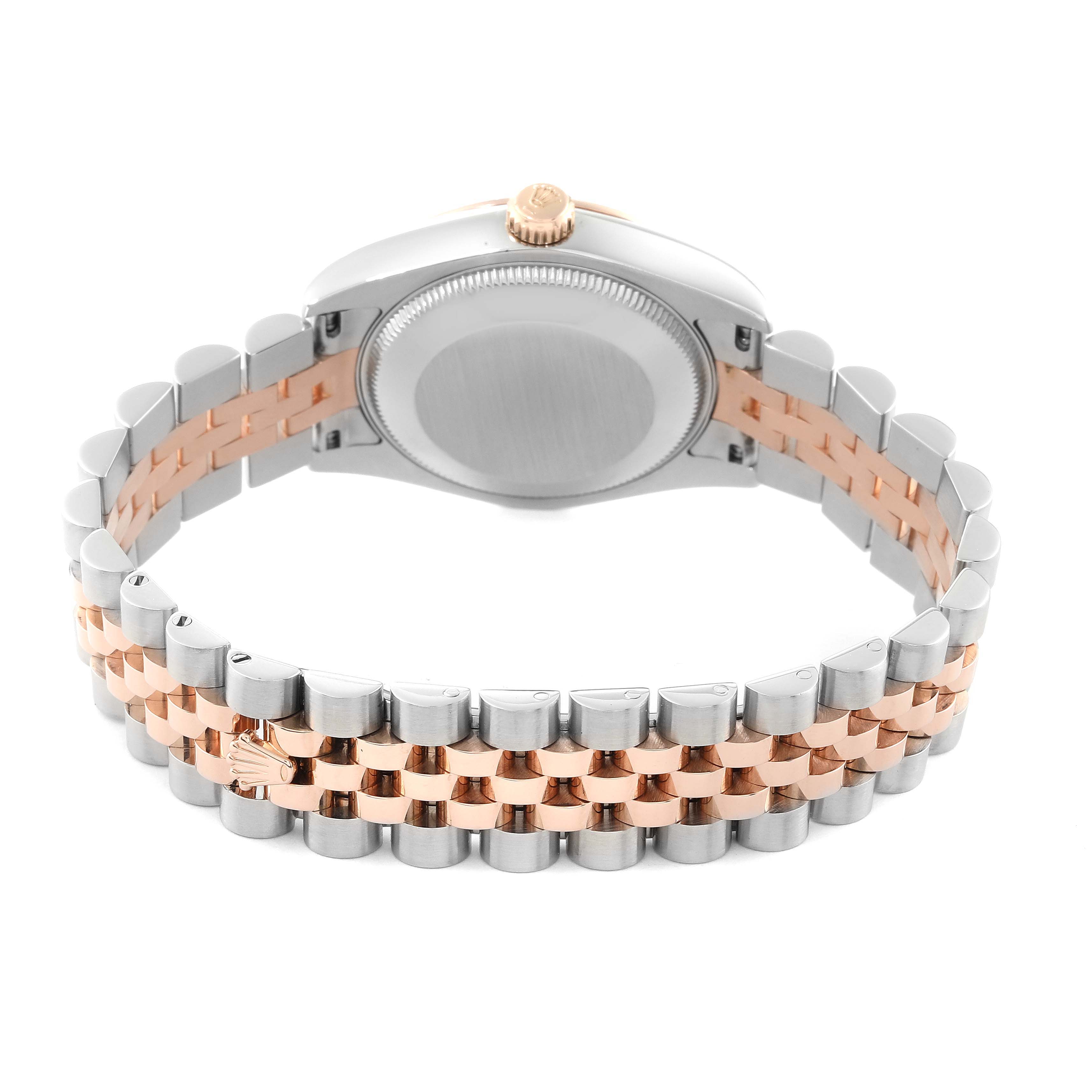 This image shows the back view of a Rolex Mid-Size 178271 Women's Steel and Gold (two tone) Black Dial 178271 Women's Steel and Gold (two tone) Black Dial model watch, focusing on its two-tone metal bracelet.