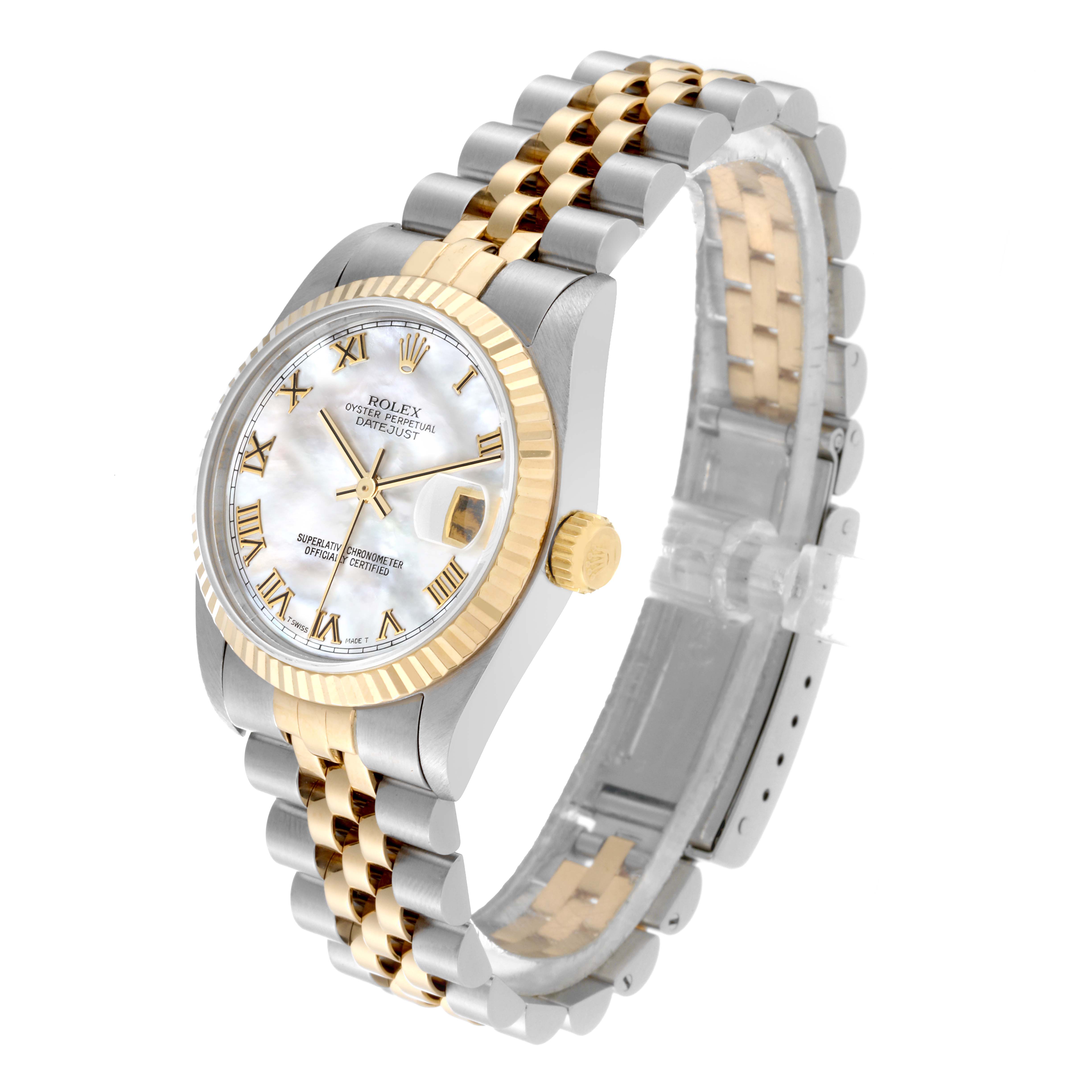 The image shows the Rolex Mid-Size 68273 Women's Steel and Gold (two tone) Mother of Pearl Dial 68273 Women's Steel and Gold (two tone) Mother of Pearl Dial watch at a three-quarter view, highlighting the gold and silver bracelet, fluted bezel, and dial.