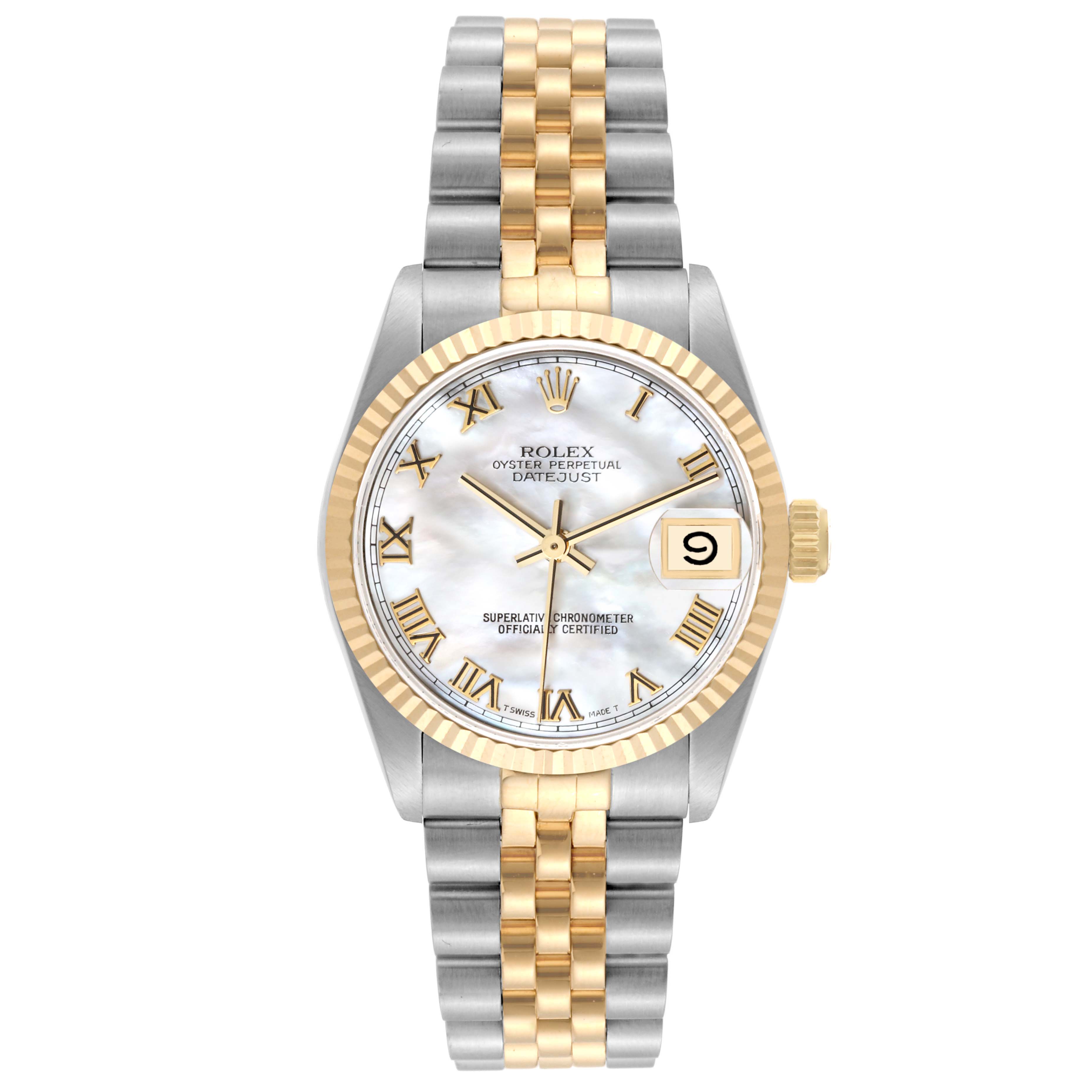 The straight-on shot of the Rolex Mid-Size 68273 Women's Steel and Gold (two tone) Mother of Pearl Dial 68273 Women's Steel and Gold (two tone) Mother of Pearl Dial Oyster Perpetual Datejust shows the dial, case, bezel, and bracelet.