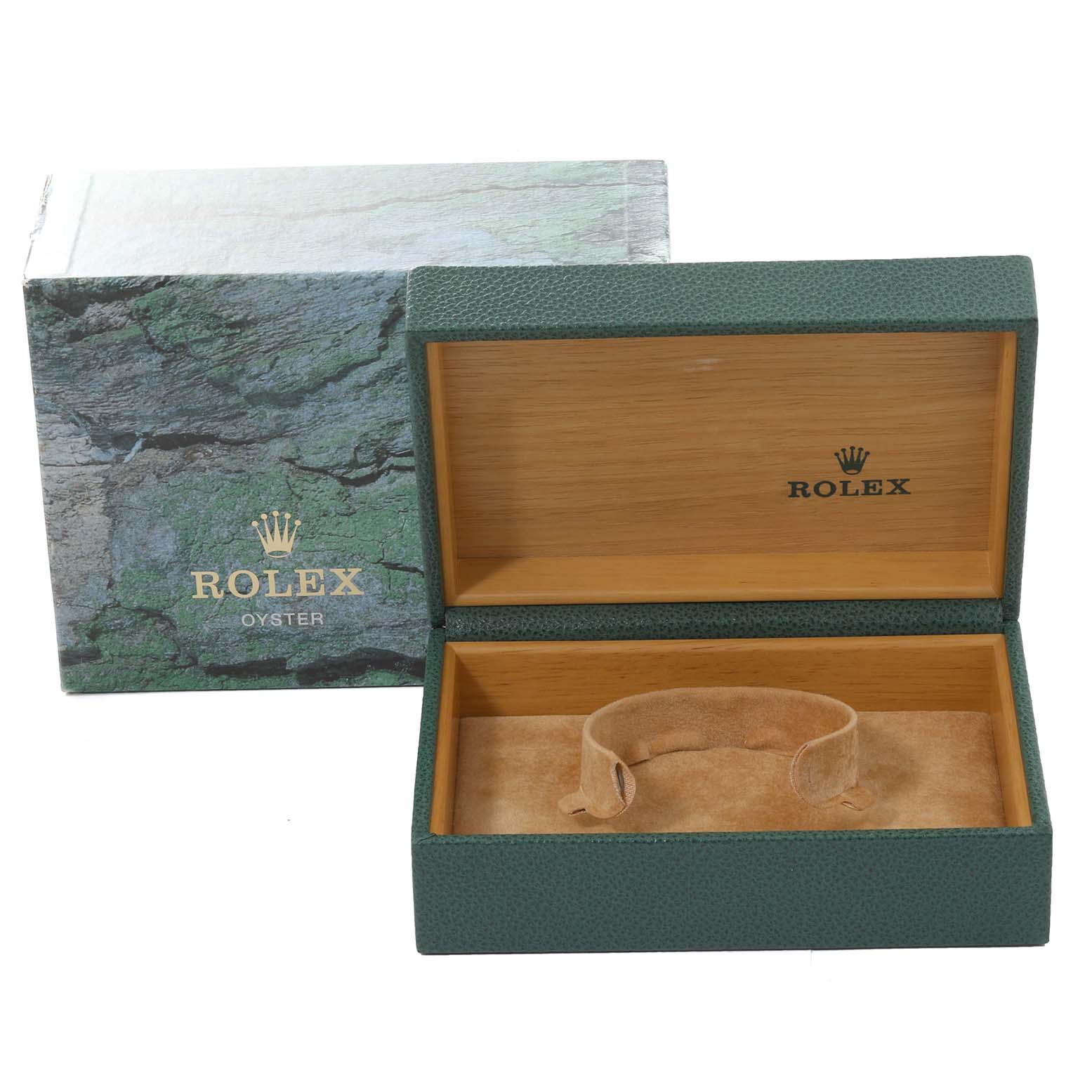The image shows an open green Rolex watch box with the Mid-Size model branding and an outer protective box behind it.