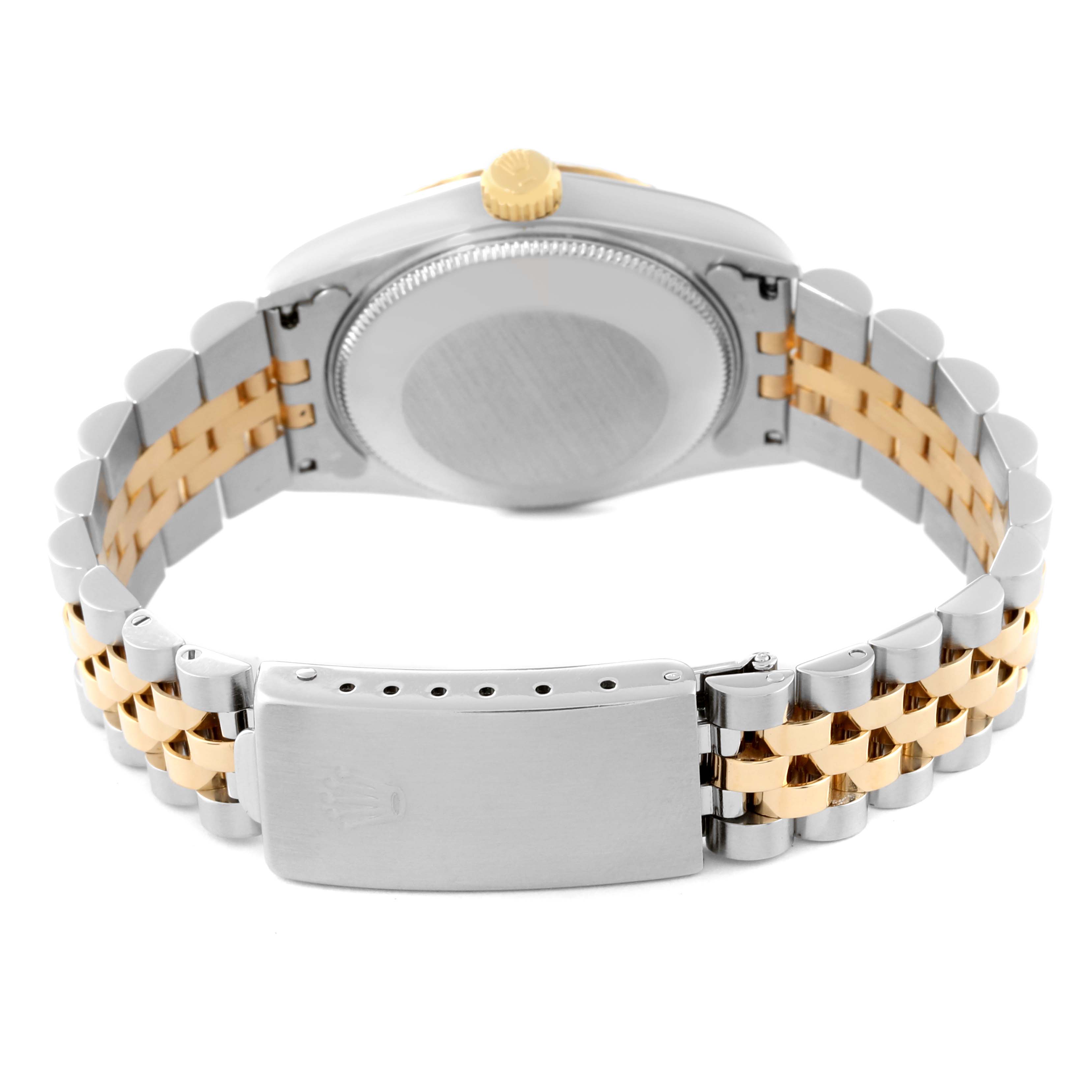 The image shows the back case and clasp of a Rolex Mid-Size 68273 Women's Steel and Gold (two tone) Mother of Pearl Dial 68273 Women's Steel and Gold (two tone) Mother of Pearl Dial model watch, featuring a two-tone metal bracelet.