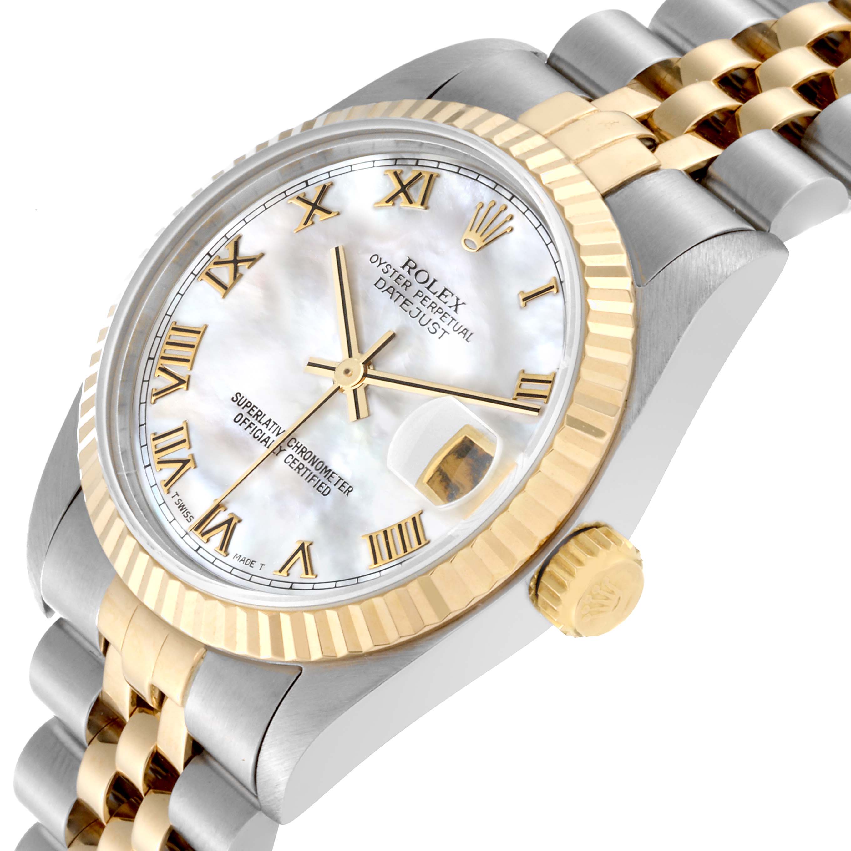 The image shows a close-up angle of the face, bezel, crown, and part of the bracelet of a Rolex Mid-Size 68273 Women's Steel and Gold (two tone) Mother of Pearl Dial 68273 Women's Steel and Gold (two tone) Mother of Pearl Dial Datejust watch.