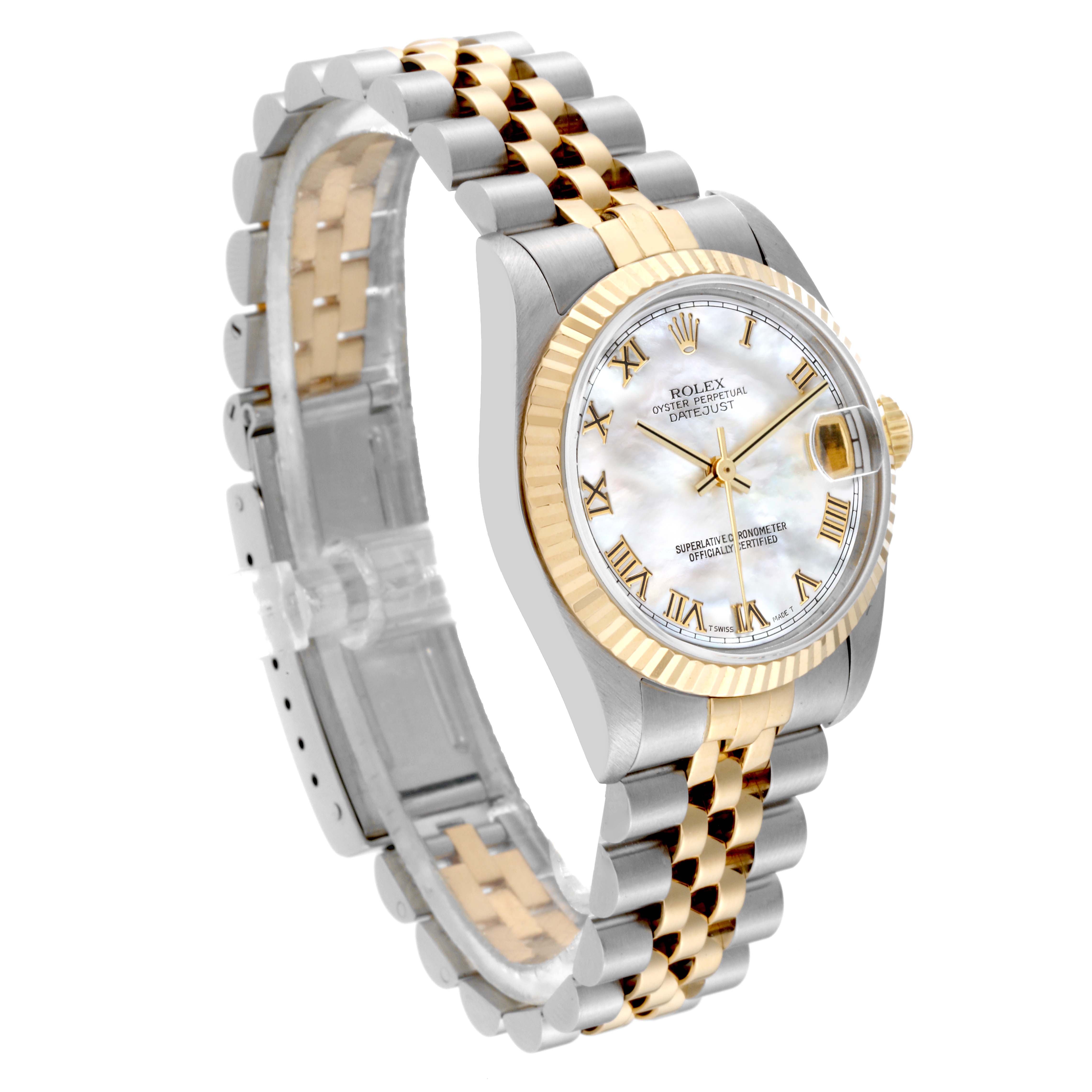 The Rolex Mid-Size 68273 Women's Steel and Gold (two tone) Mother of Pearl Dial 68273 Women's Steel and Gold (two tone) Mother of Pearl Dial Datejust watch is shown at an angle displaying the face, dial, bezel, and part of the band.