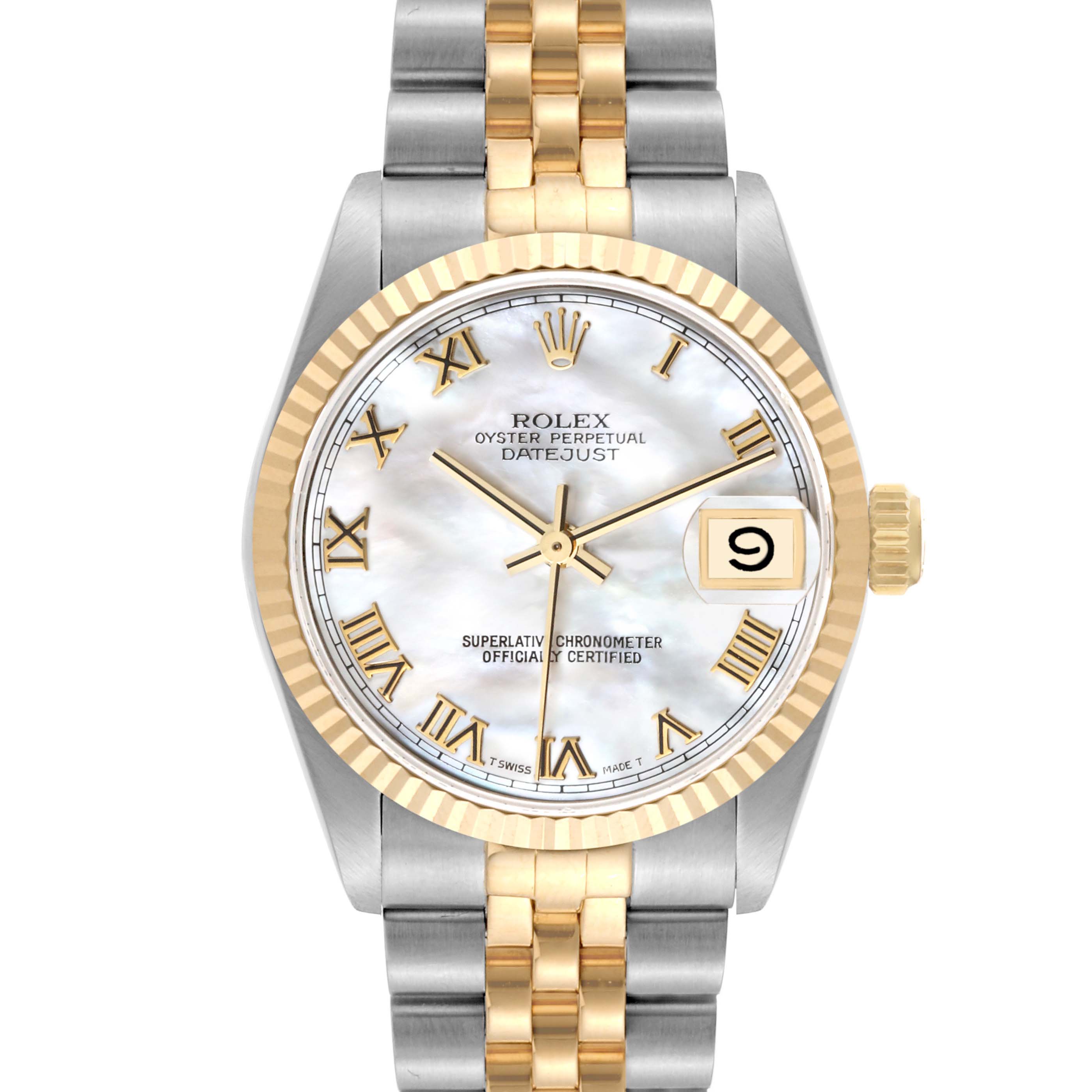 This Rolex Datejust Mid-Size watch is shown from the front, featuring a two-tone bracelet, fluted bezel, and a white dial with Roman numerals.