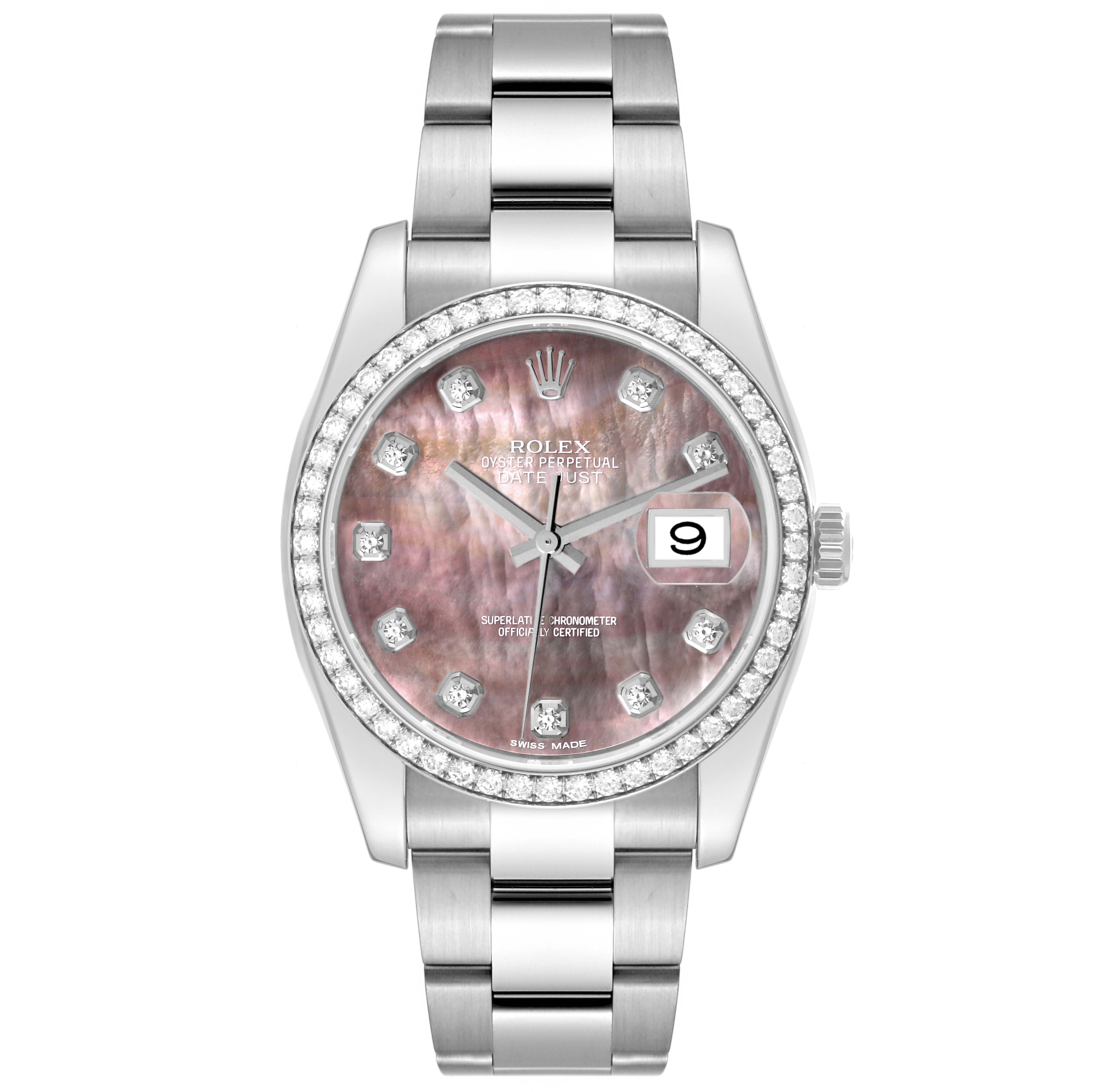 The image shows a Rolex Datejust 116244 Men's Stainless Steel Mother of Pearl Dial 116244 Men's Stainless Steel Mother of Pearl Dial watch from a front view, displaying its dial, bezel, bracelet, and crown.