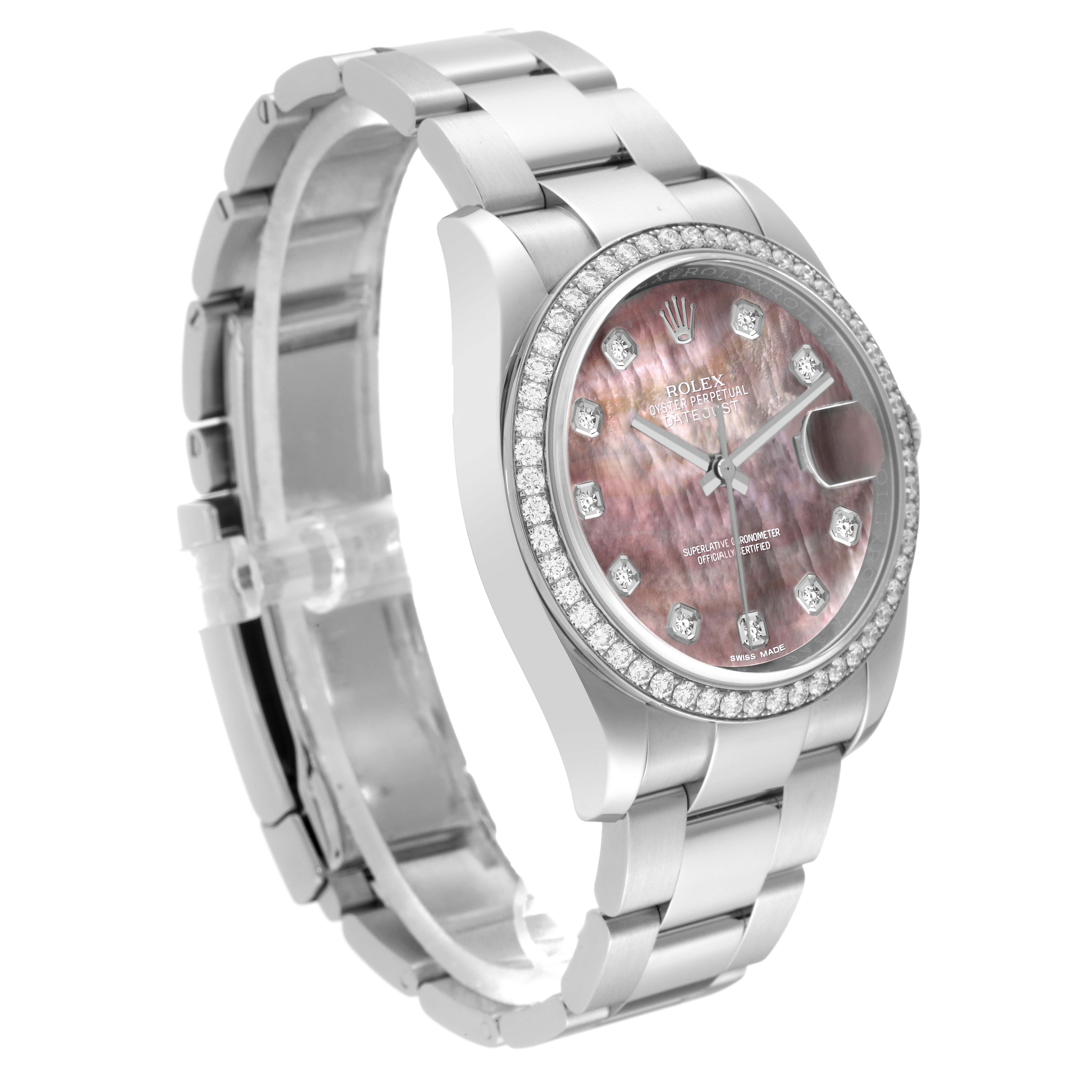 The image shows a side angle of a Rolex Datejust 116244 Men's Stainless Steel Mother of Pearl Dial 116244 Men's Stainless Steel Mother of Pearl Dial watch, highlighting its dial, bracelet, and bezel.