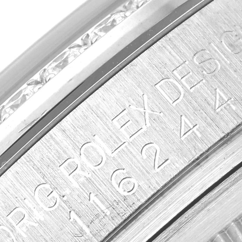 This is a close-up of the Datejust model by Rolex, featuring the engraved outer edge of the dial.