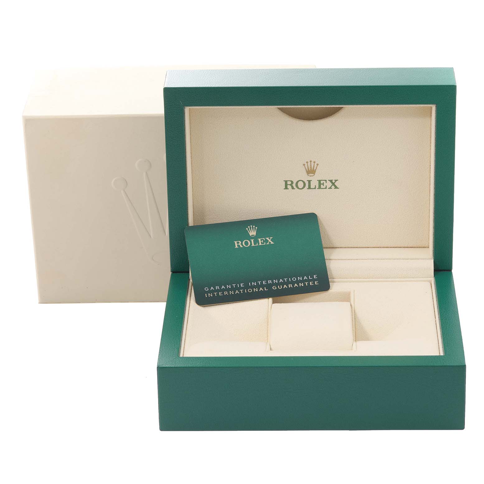 This image shows the Rolex Datejust 116244 Men's Stainless Steel Mother of Pearl Dial 116244 Men's Stainless Steel Mother of Pearl Dial watch's green box open, with the warranty card and display cushion visible.