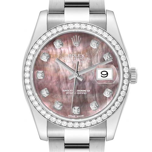 Photo of Rolex Datejust Mother of Pearl Diamond White Gold Steel Mens Watch 116244 Box Card