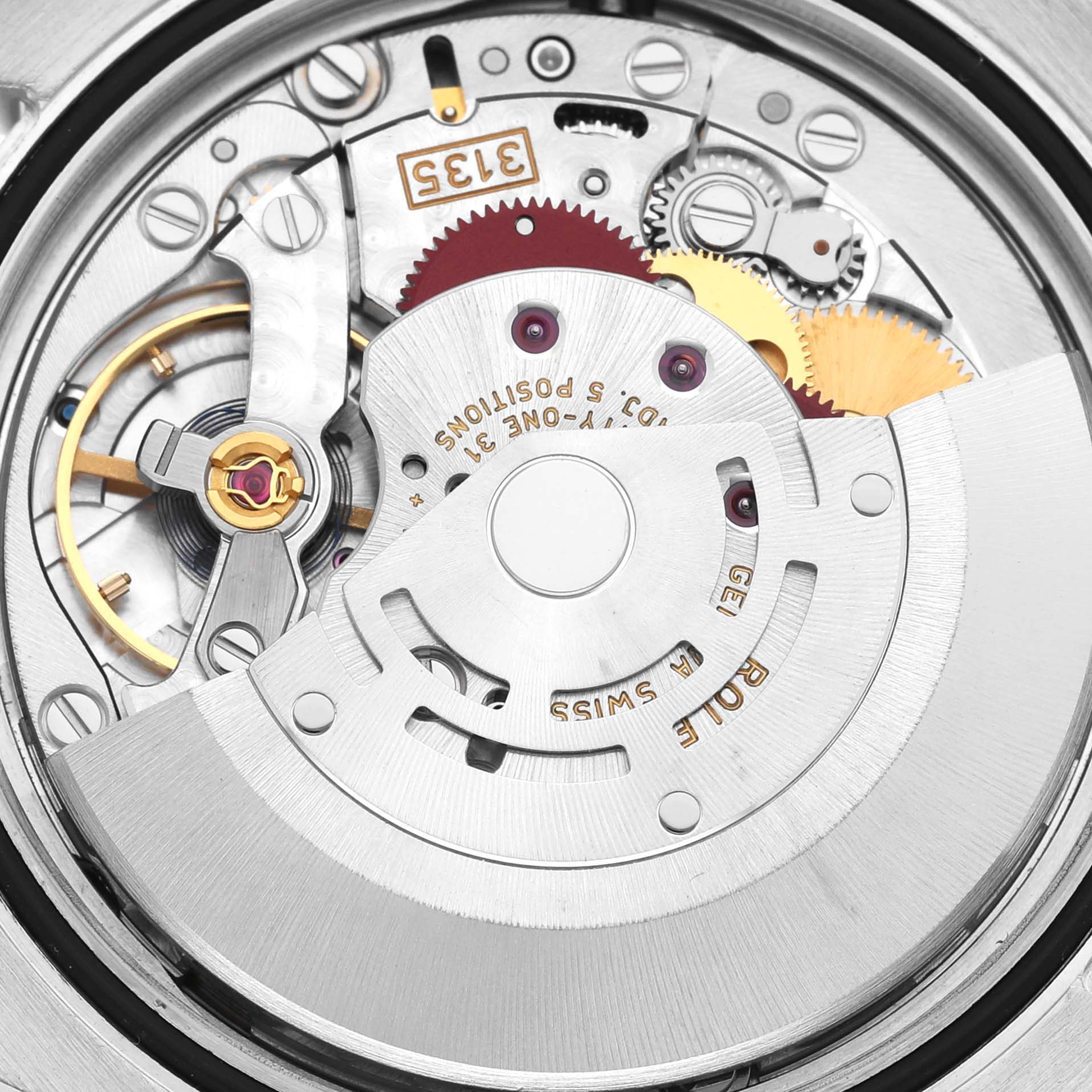 This image shows the intricate inner movement mechanism of the Rolex Datejust 116244 Men's Stainless Steel Mother of Pearl Dial 116244 Men's Stainless Steel Mother of Pearl Dial watch model from a top-down angle.