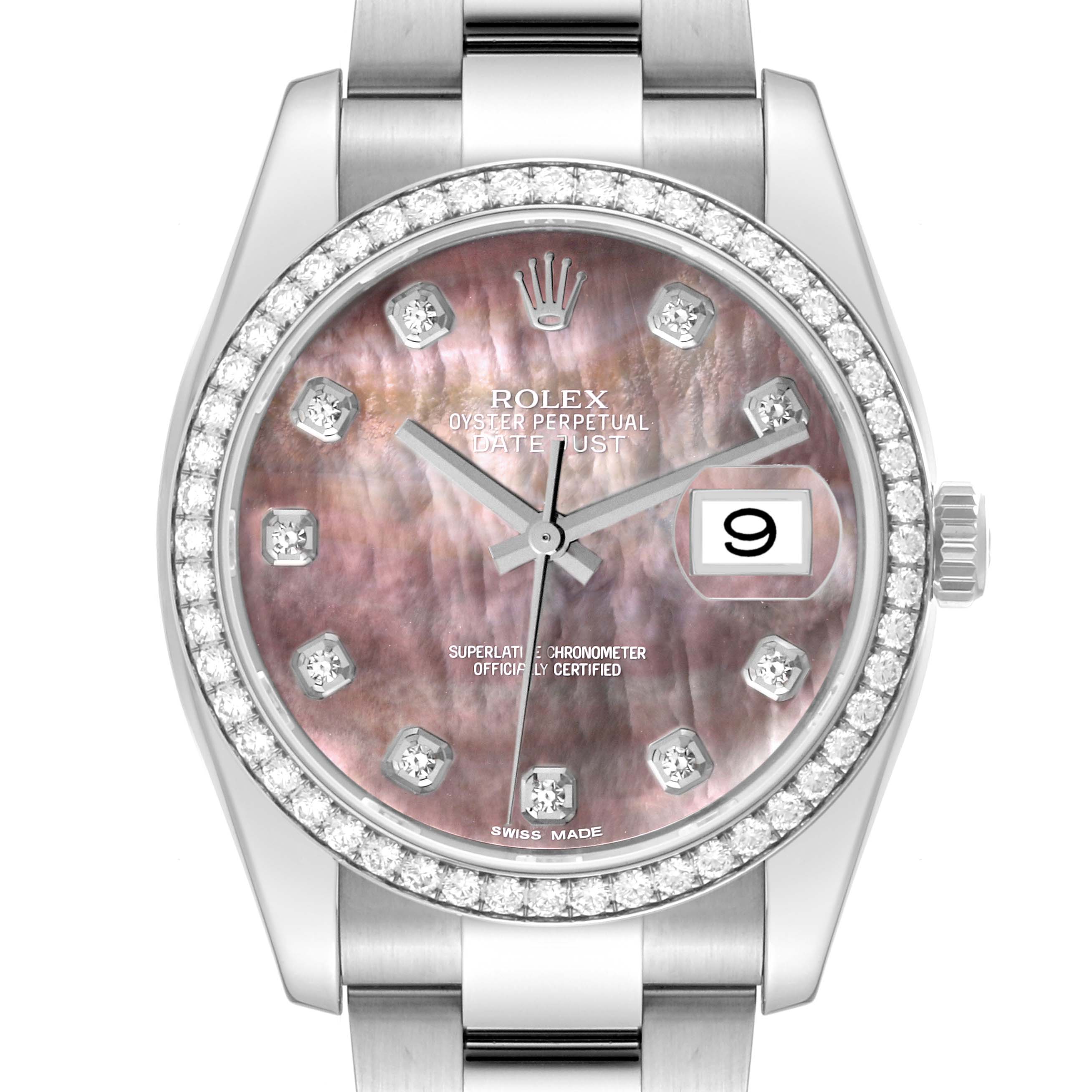 This image shows a front view of a Rolex Datejust 116244 Men's Stainless Steel Mother of Pearl Dial 116244 Men's Stainless Steel Mother of Pearl Dial watch, highlighting the dial, bezel, and part of the bracelet.