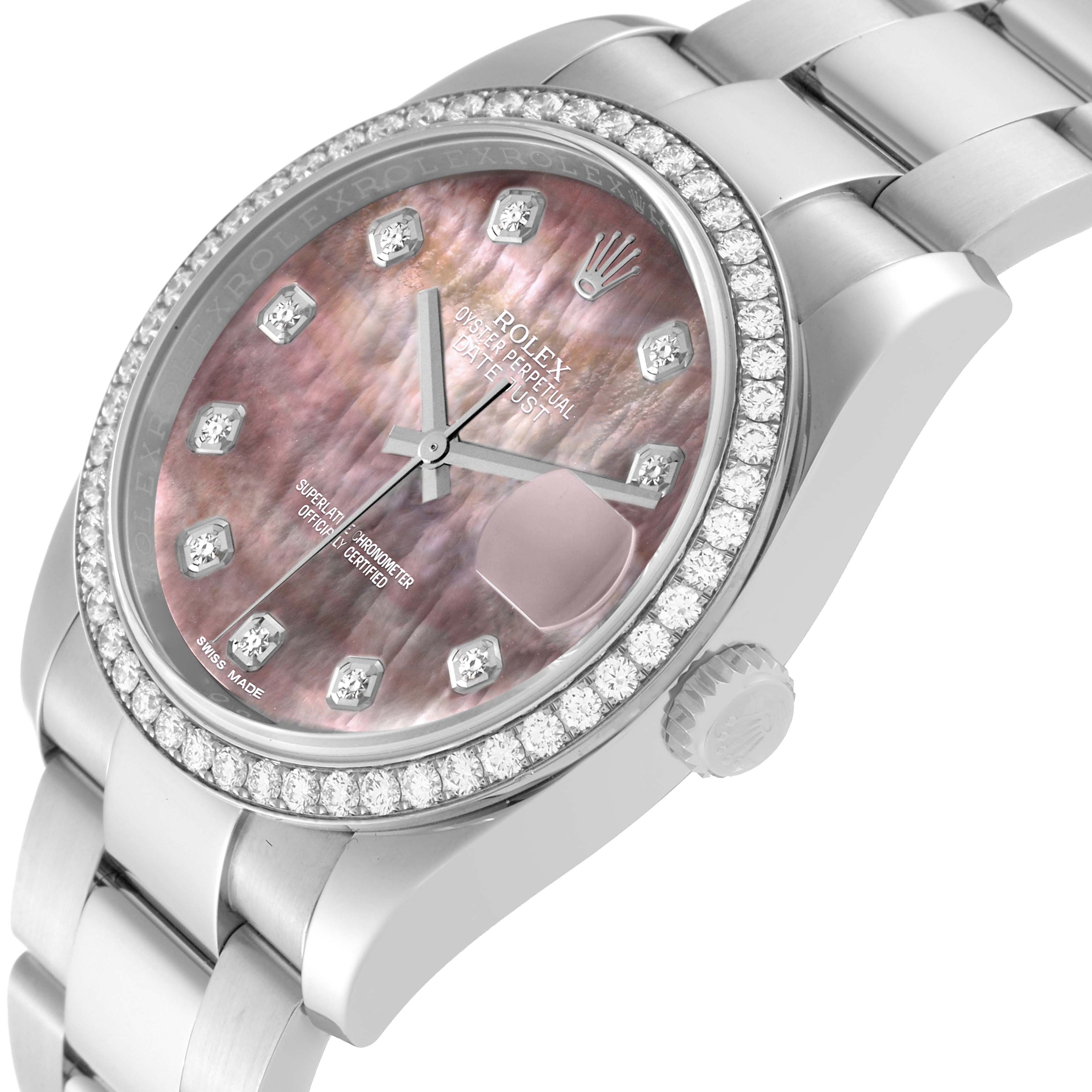 The Rolex Datejust 116244 Men's Stainless Steel Mother of Pearl Dial 116244 Men's Stainless Steel Mother of Pearl Dial watch is shown at an angle highlighting the face, bezel, crown, and part of the bracelet.