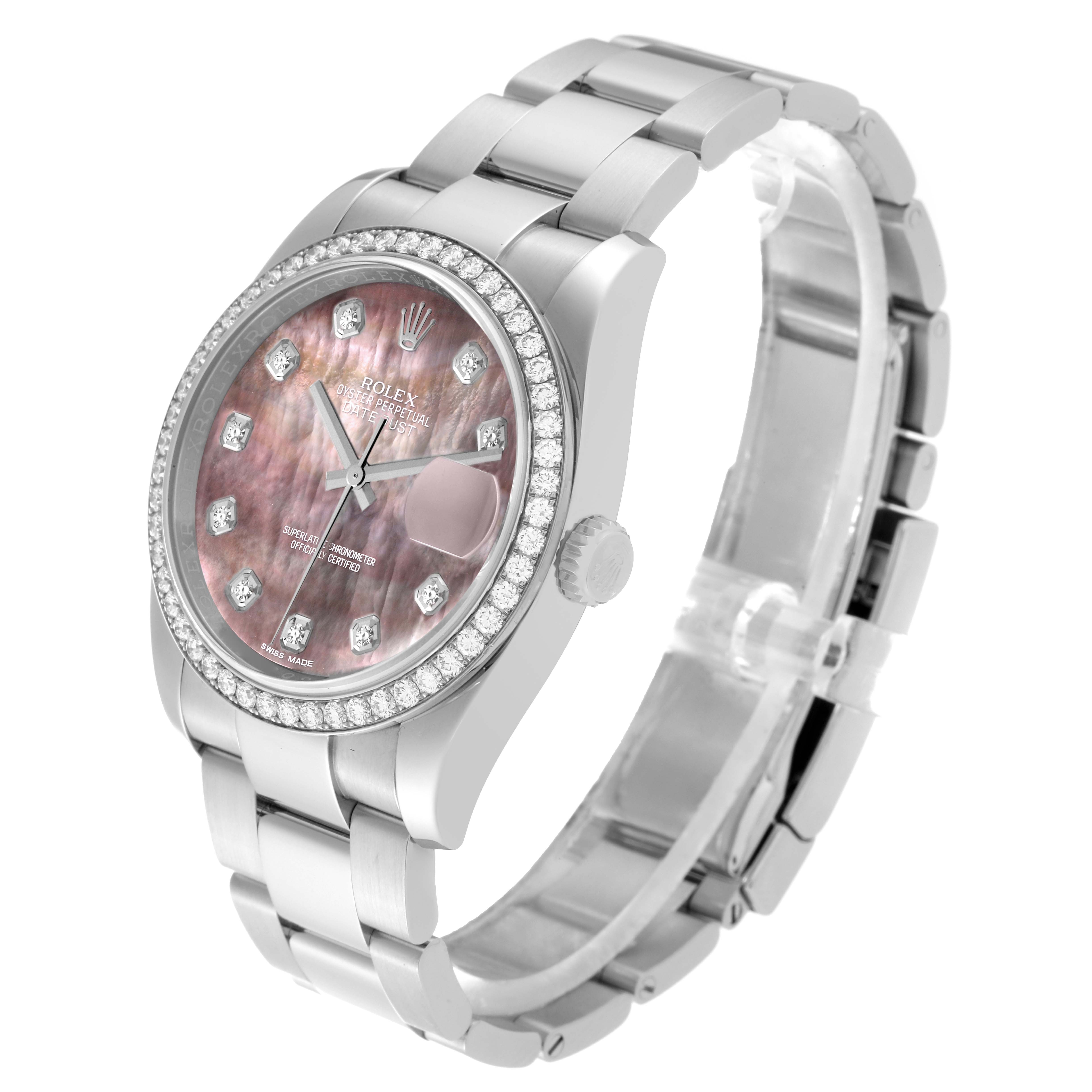 This image shows a Rolex Datejust 116244 Men's Stainless Steel Mother of Pearl Dial 116244 Men's Stainless Steel Mother of Pearl Dial watch at a 3 o'clock angle, highlighting its face, bezel, and bracelet.