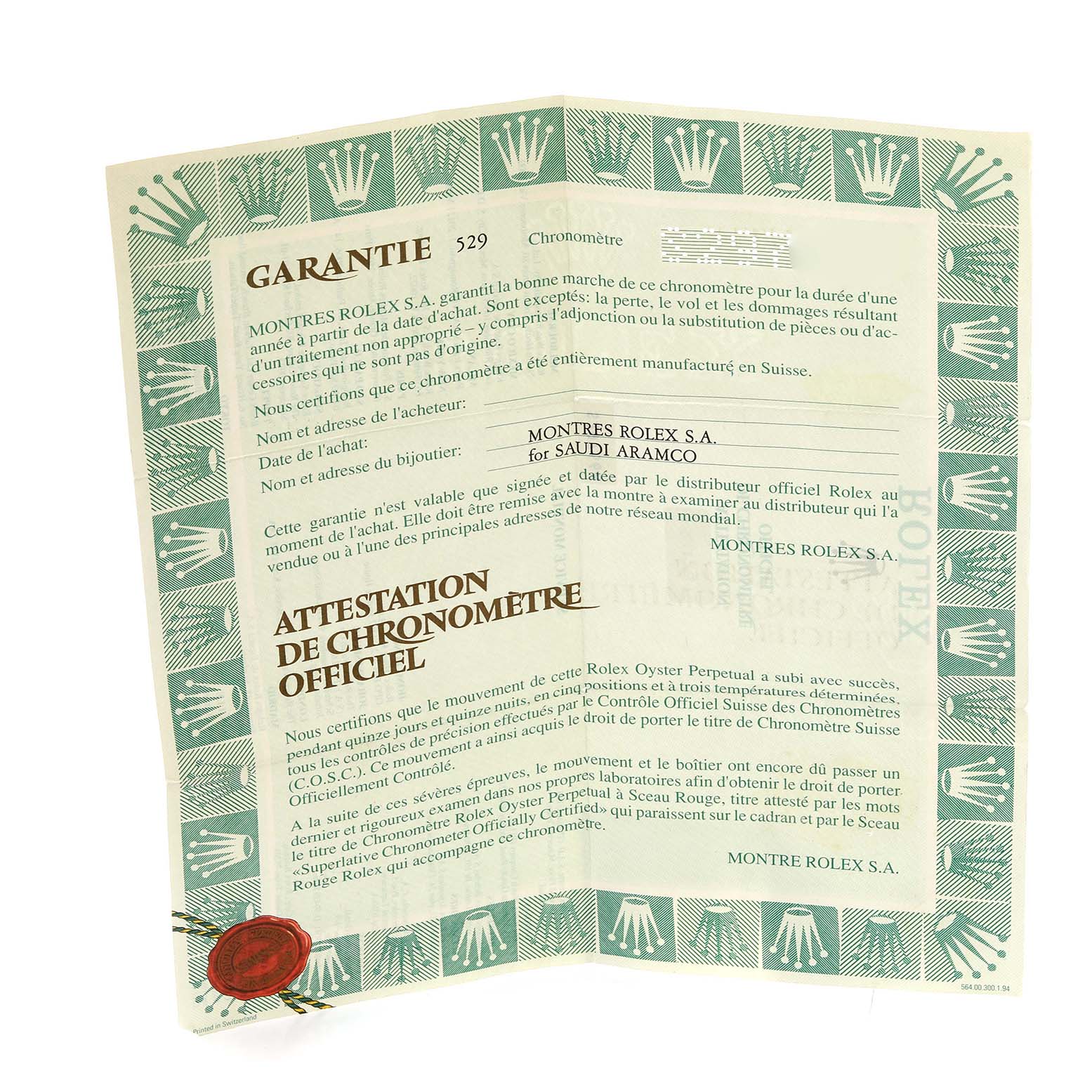 The image shows a warranty certificate and chronometer attestation for the Rolex President 69178 Women's Yellow Gold Champagne Dial 69178 Women's Yellow Gold Champagne Dial model.