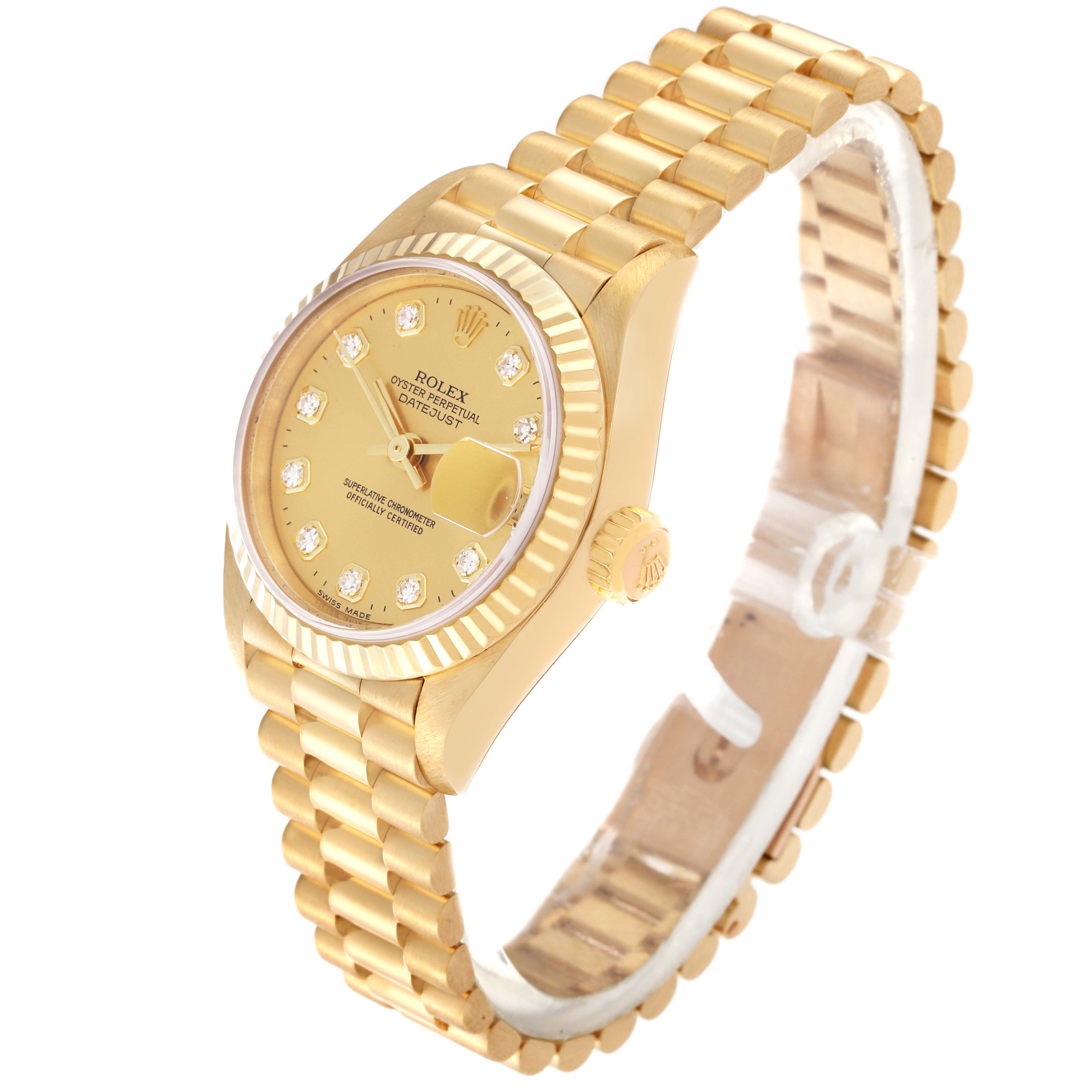 The image shows a Rolex President 69178 Women's Yellow Gold Champagne Dial 69178 Women's Yellow Gold Champagne Dial model watch from an angled side view, detailing the gold band, dial, and fluted bezel.
