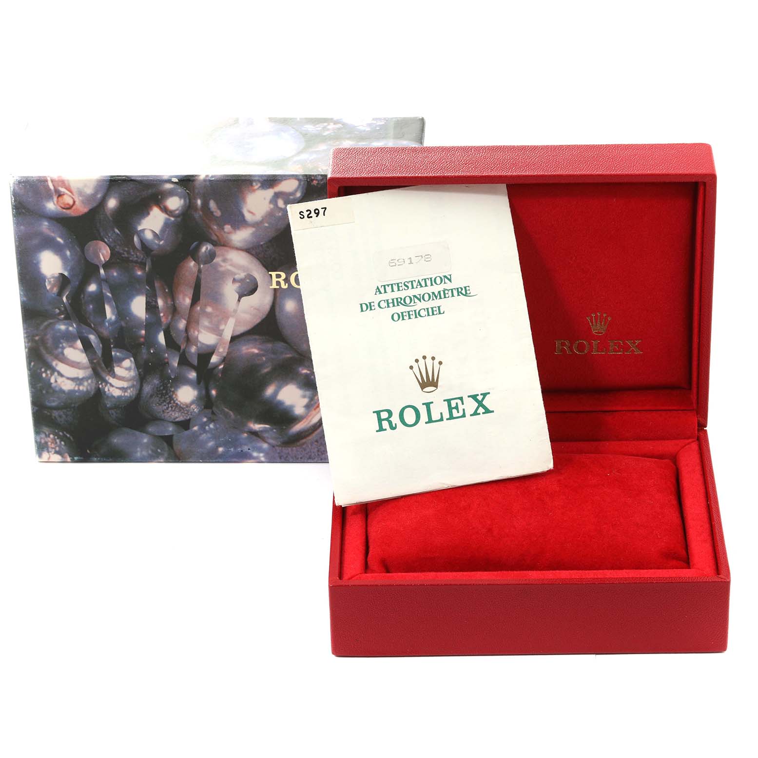 The image shows the packaging and certification for the Rolex President 69178 Women's Yellow Gold Champagne Dial 69178 Women's Yellow Gold Champagne Dial model, including the box and official chronometer certification.