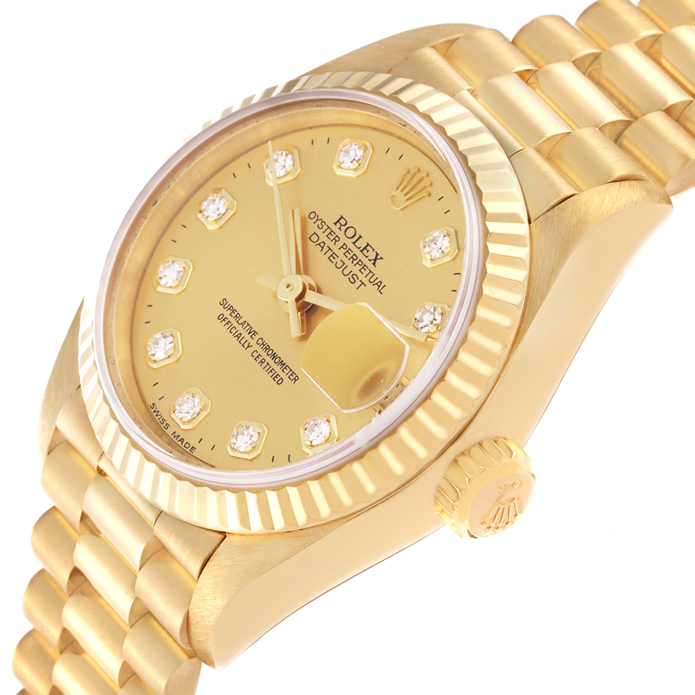 The image shows a Rolex President 69178 Women's Yellow Gold Champagne Dial 69178 Women's Yellow Gold Champagne Dial model watch at a diagonal angle, highlighting the gold bracelet, crown, and diamond hour markers.