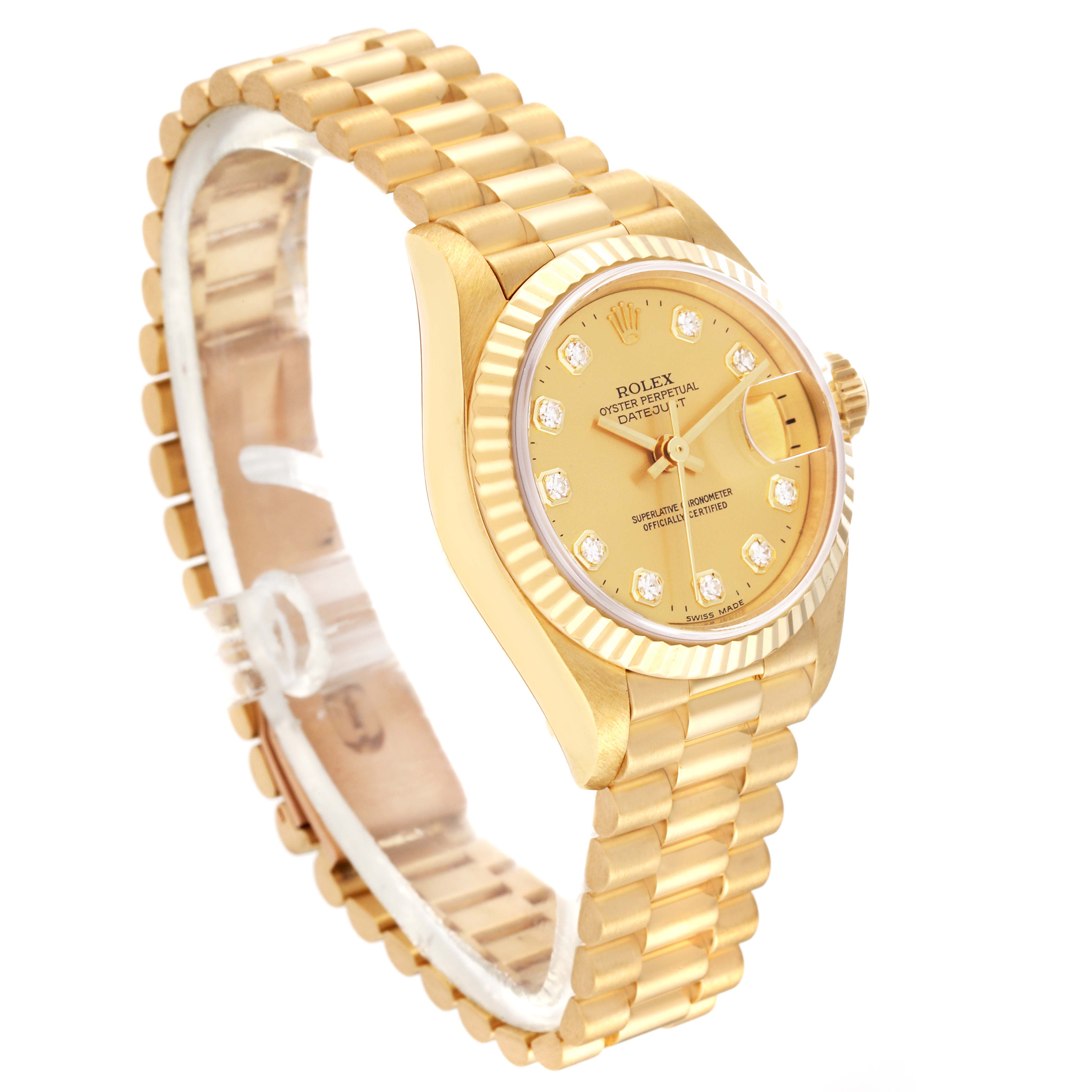 This image shows a Rolex President 69178 Women's Yellow Gold Champagne Dial 69178 Women's Yellow Gold Champagne Dial model watch at an angled view displaying its gold bracelet and detailed dial.
