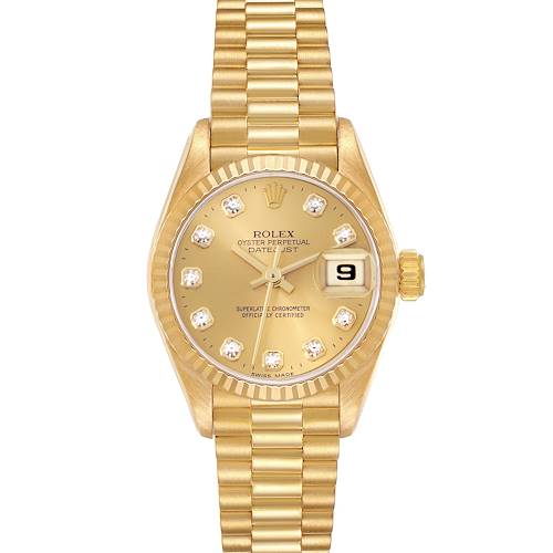 The image shows a frontal view of a Rolex President model watch, displaying the dial, bezel, and bracelet.