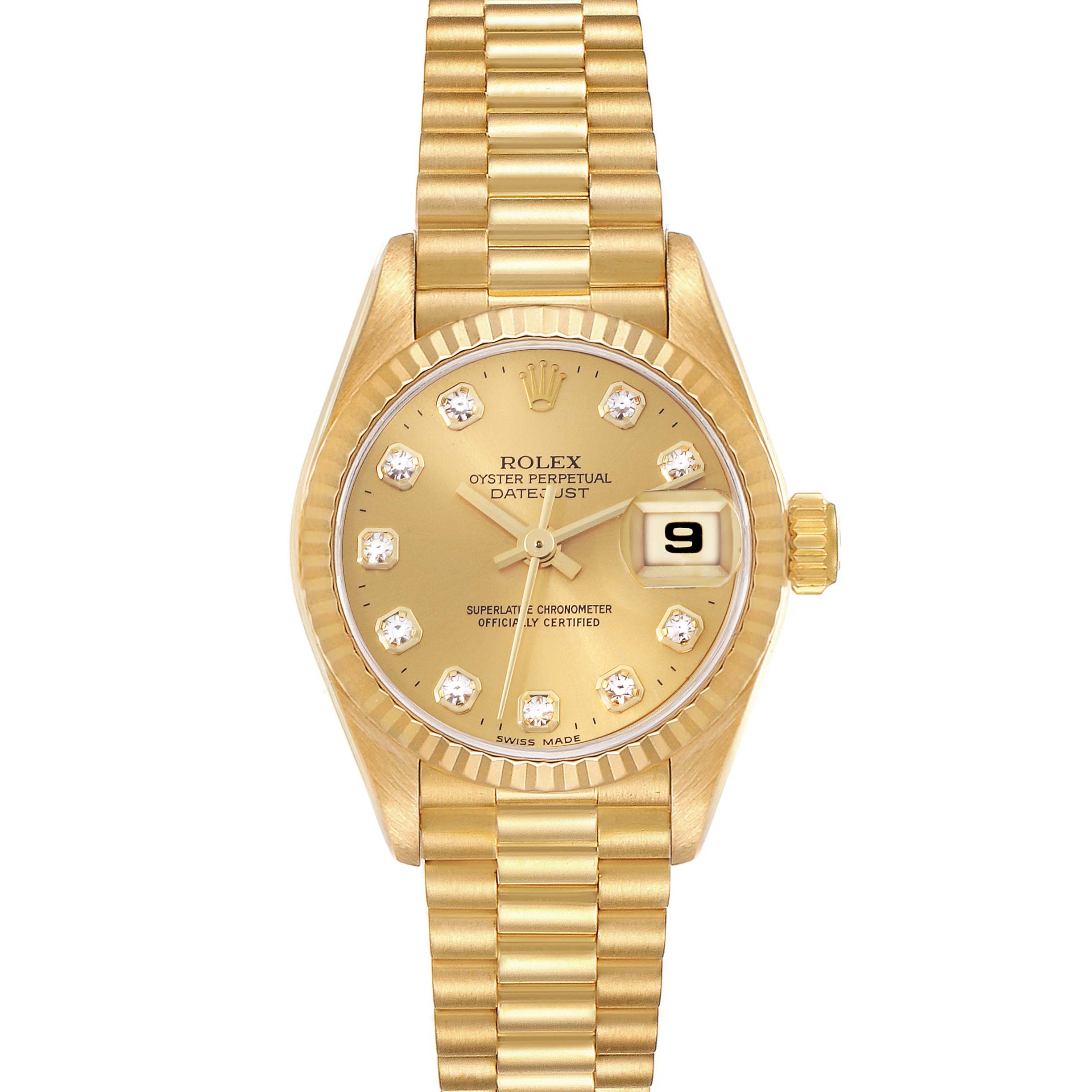 The image shows a Rolex President 69178 Women's Yellow Gold Champagne Dial 69178 Women's Yellow Gold Champagne Dial model watch from the front, highlighting its gold bracelet, dial, and date window.