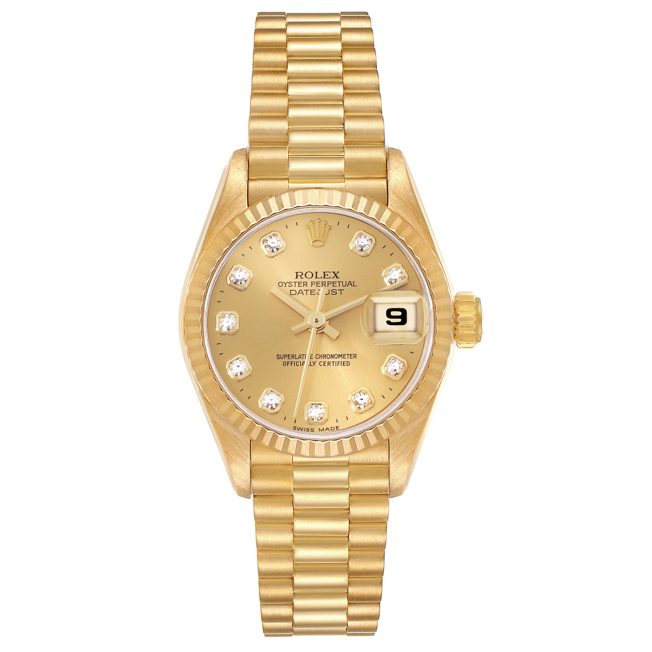 The image shows a front view of the Rolex President 69178 Women's Yellow Gold Champagne Dial 69178 Women's Yellow Gold Champagne Dial model watch, featuring a gold bracelet and diamond hour markers.