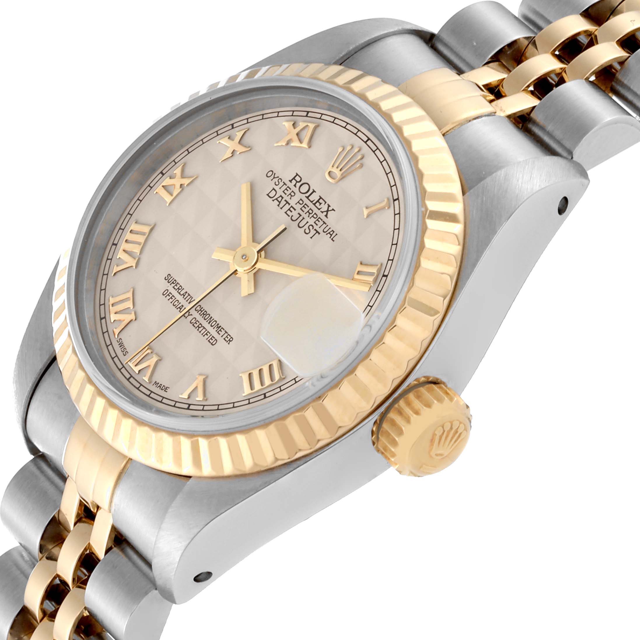 This image shows a close-up angle of the Rolex Datejust 69173 Women's Steel and Gold (two tone) Beige Dial 69173 Women's Steel and Gold (two tone) Beige Dial watch's face, bezel, and part of the bracelet.