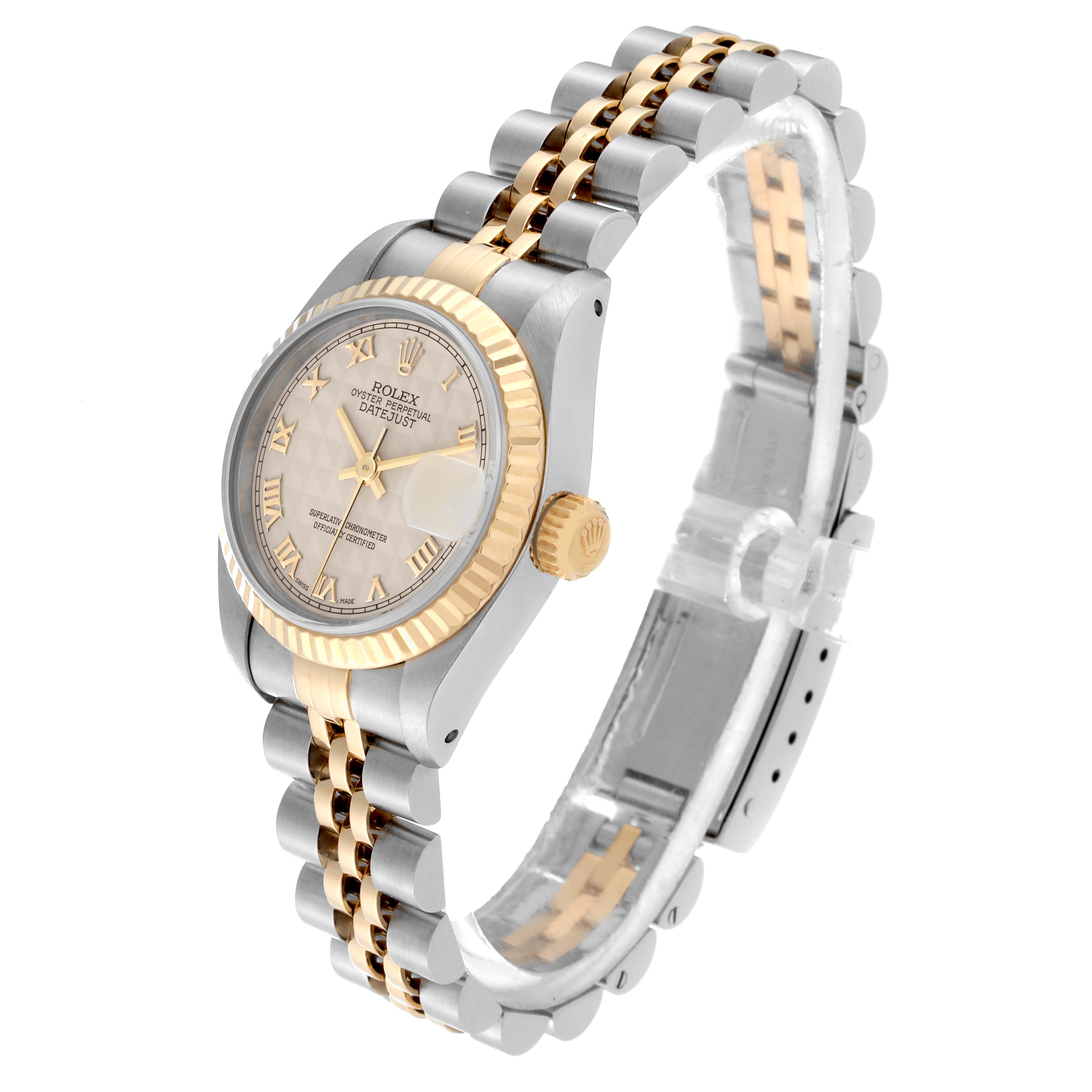 This image shows a Rolex Datejust 69173 Women's Steel and Gold (two tone) Beige Dial 69173 Women's Steel and Gold (two tone) Beige Dial watch at a three-quarter angle, highlighting the jubilee bracelet, fluted bezel, and crown.