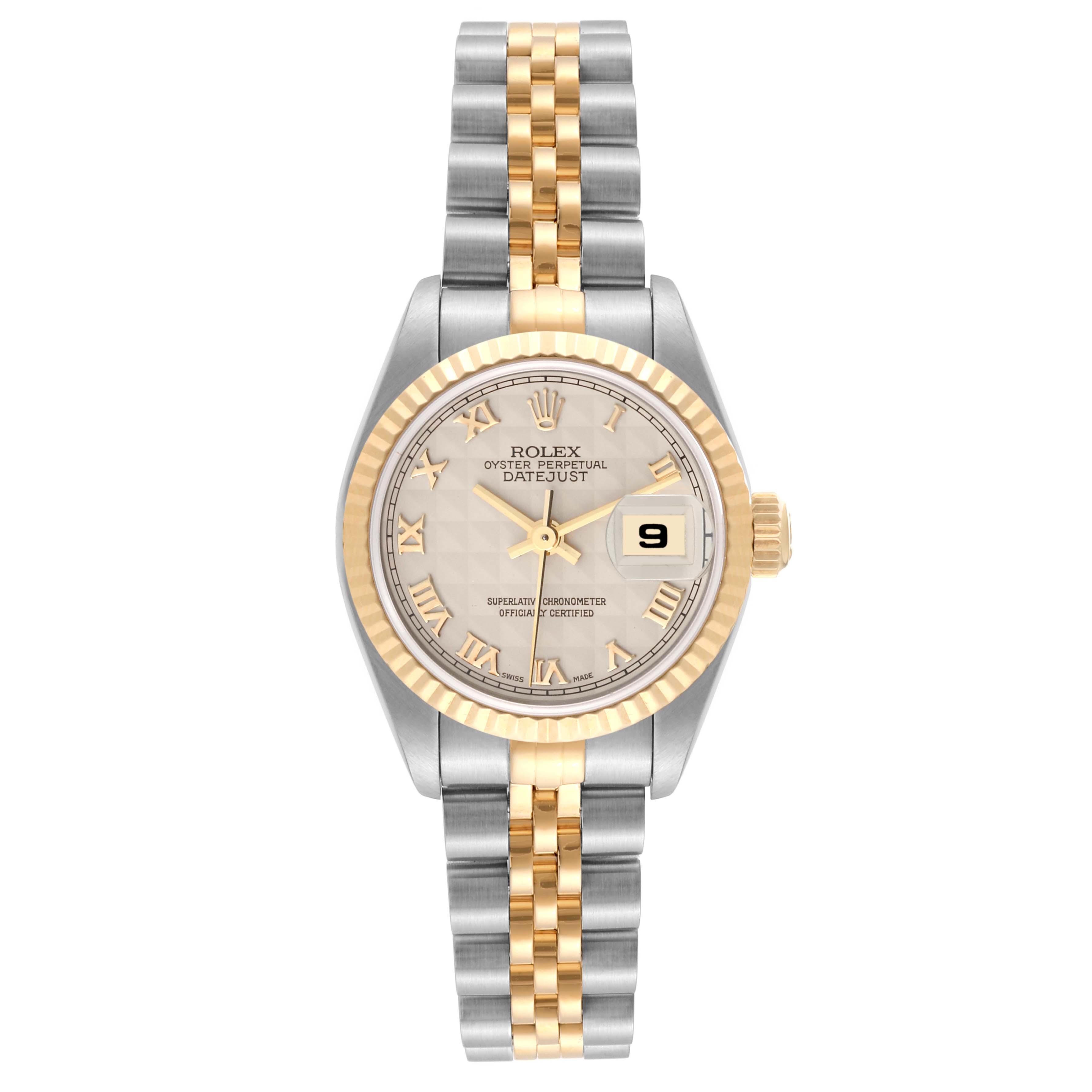 The image shows a Rolex Datejust 69173 Women's Steel and Gold (two tone) Beige Dial 69173 Women's Steel and Gold (two tone) Beige Dial watch face-on, highlighting its two-tone bracelet, fluted bezel, and date display.