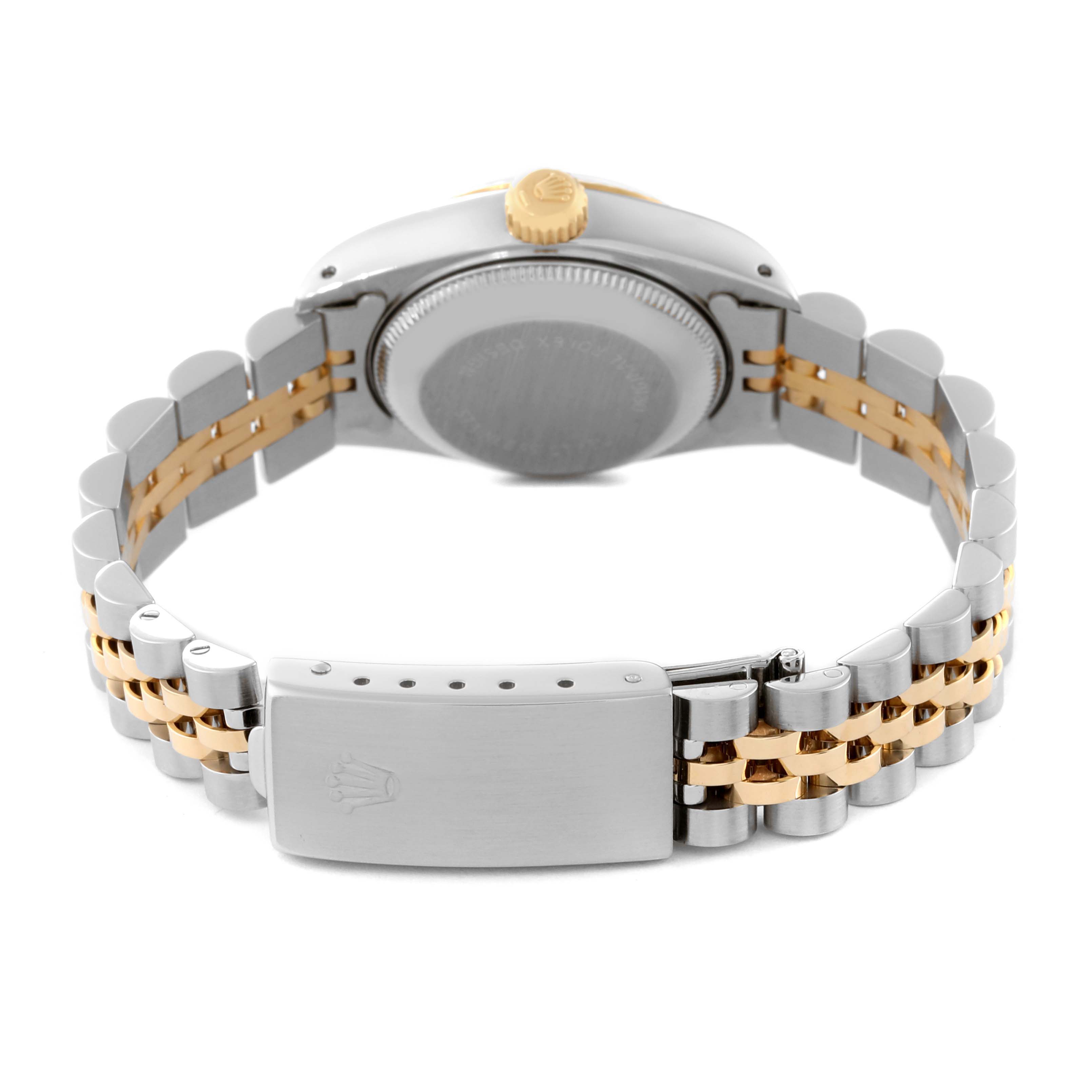 This image shows the back of a Rolex Datejust 69173 Women's Steel and Gold (two tone) Beige Dial 69173 Women's Steel and Gold (two tone) Beige Dial watch, highlighting the bracelet and clasp.