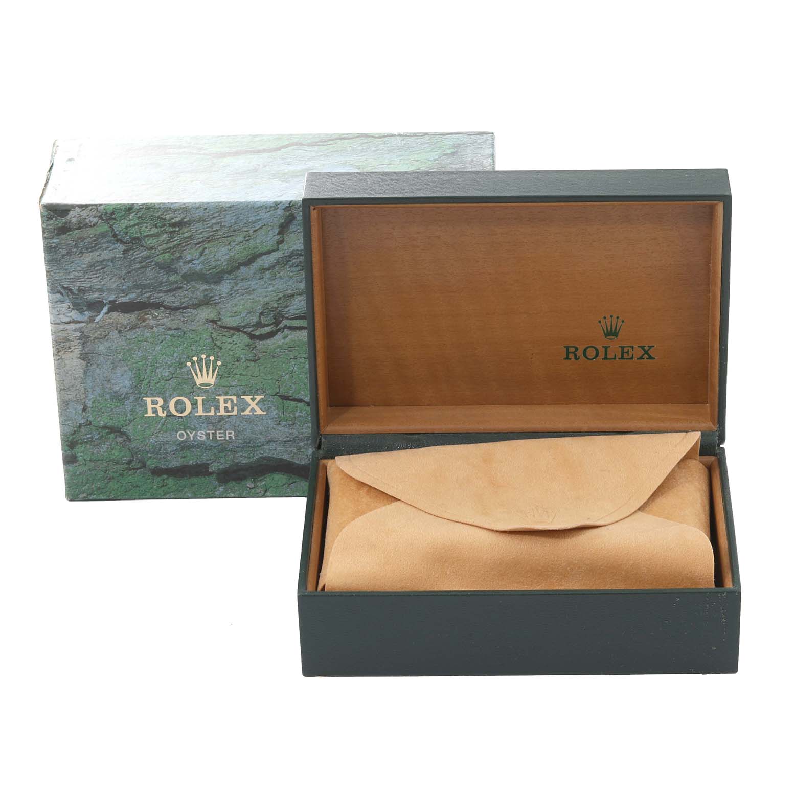 This image shows a Rolex Datejust 16220 Men's Stainless Steel Silver Dial 16220 Men's Stainless Steel Silver Dial watch box and packaging, with the inner box open and a beige pouch inside.