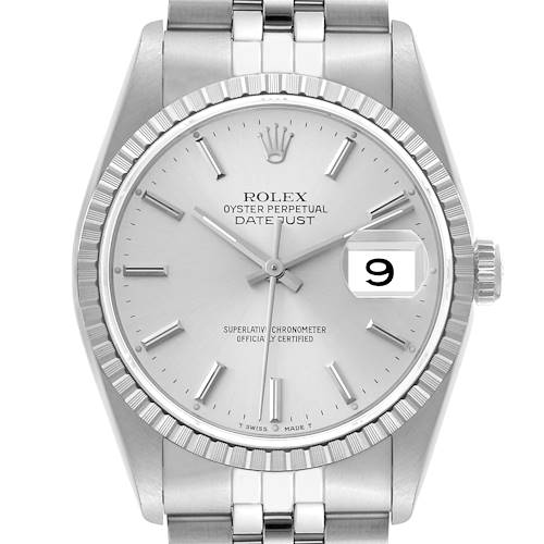 This is a front view of a Rolex Datejust watch showcasing the dial, date window, bezel, crown, and part of the bracelet.