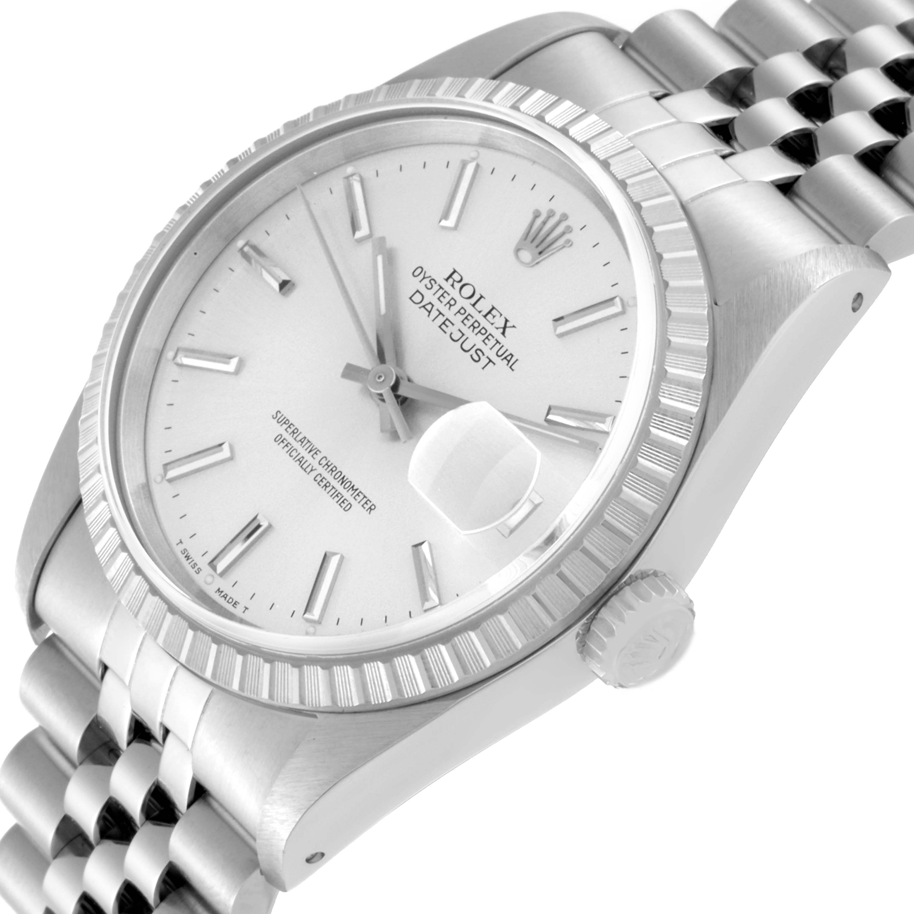 The image shows a close-up angle of a Rolex Datejust 16220 Men's Stainless Steel Silver Dial 16220 Men's Stainless Steel Silver Dial watch, highlighting its face, bezel, and part of the bracelet.