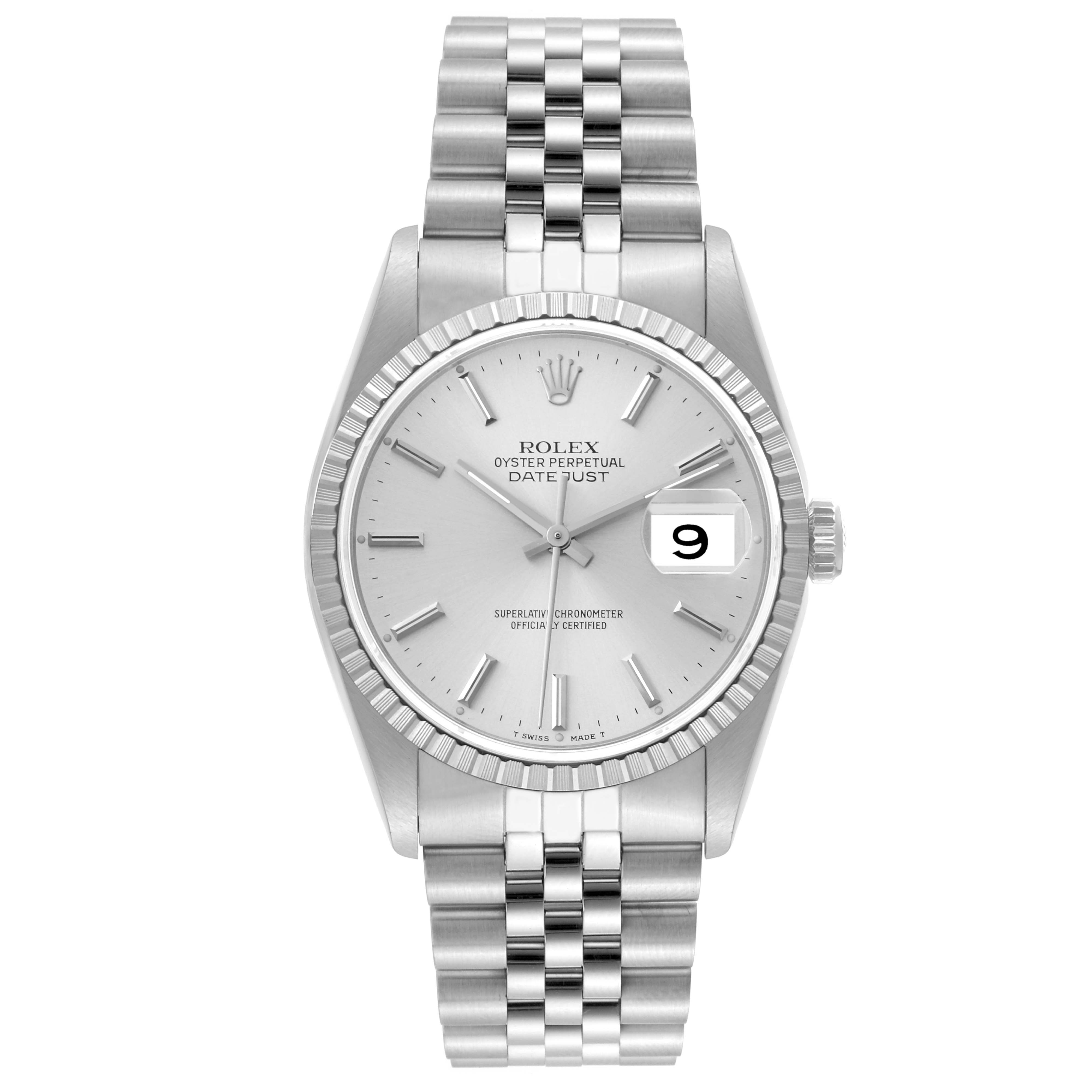 The image shows a Rolex Datejust 16220 Men's Stainless Steel Silver Dial 16220 Men's Stainless Steel Silver Dial watch, featuring a silver dial, date window at 3 o'clock, fluted bezel, and Jubilee bracelet.