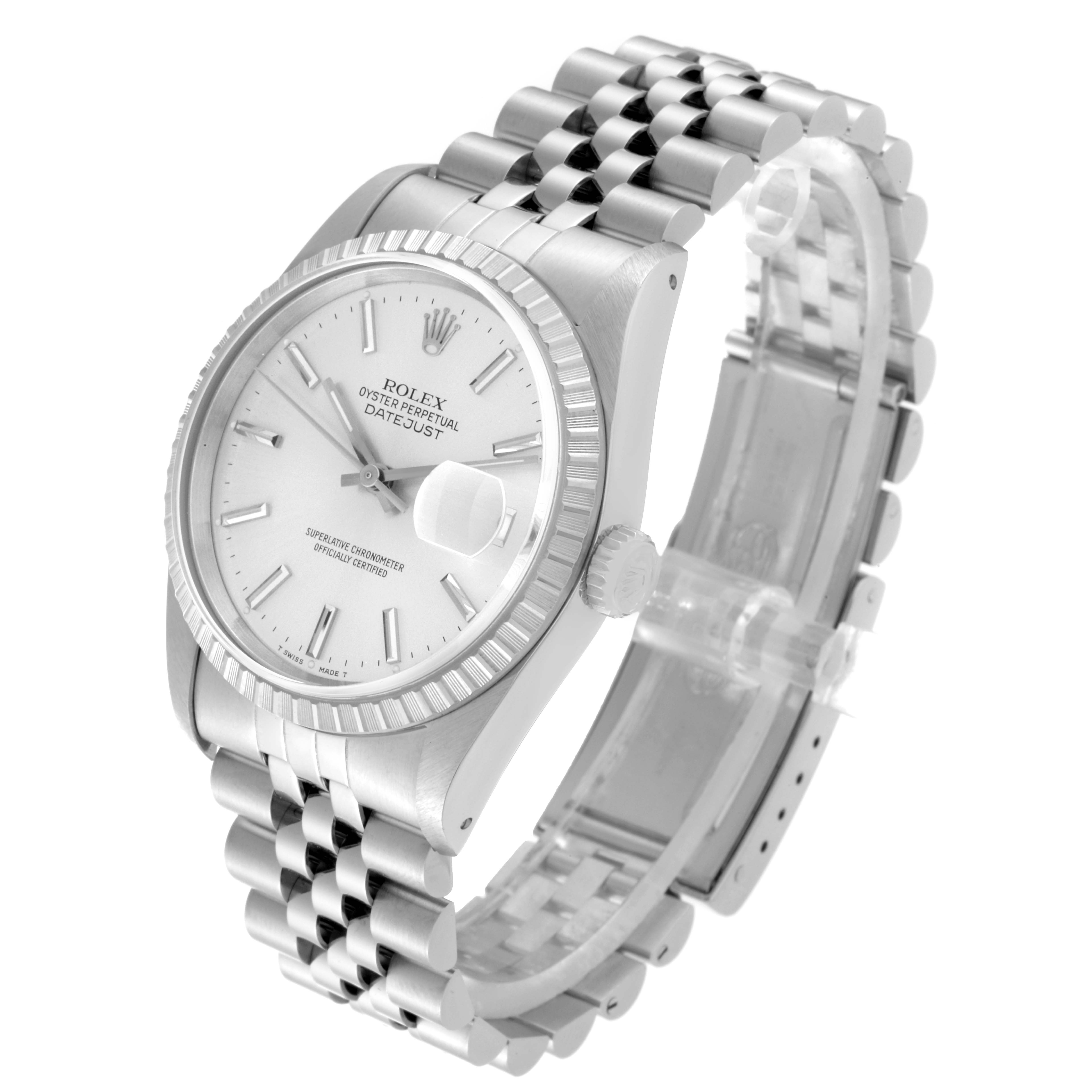 The Rolex Datejust 16220 Men's Stainless Steel Silver Dial 16220 Men's Stainless Steel Silver Dial watch is shown at a three-quarter angle, displaying its face, bezel, crown, and bracelet.